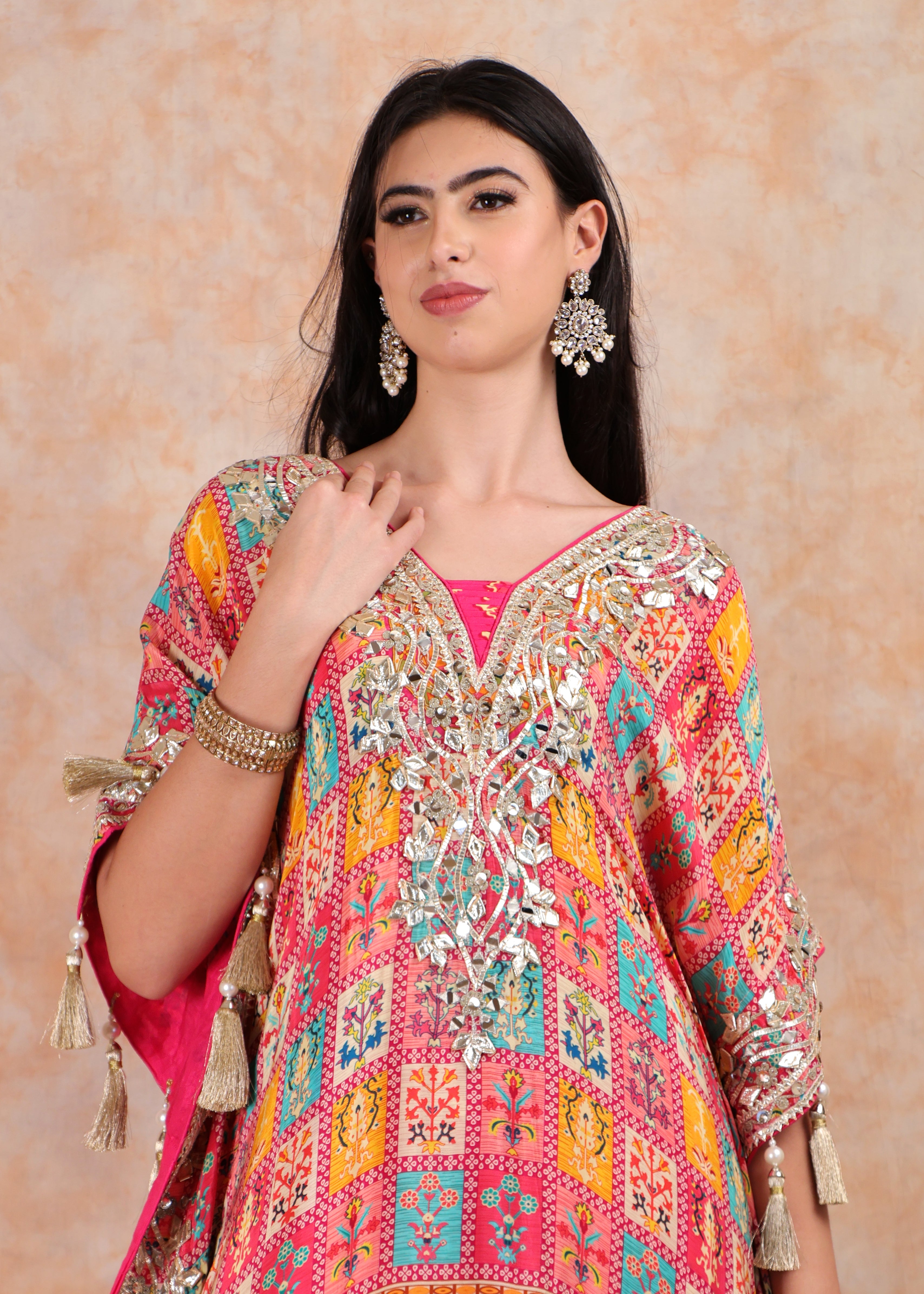 PINK PRINTED KAFTAN WITH EMBROIDERY AND SHARARA