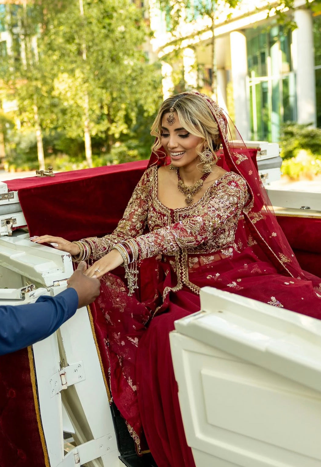 Nikkah Bride in Crimson Gold Embroidered Lehenga