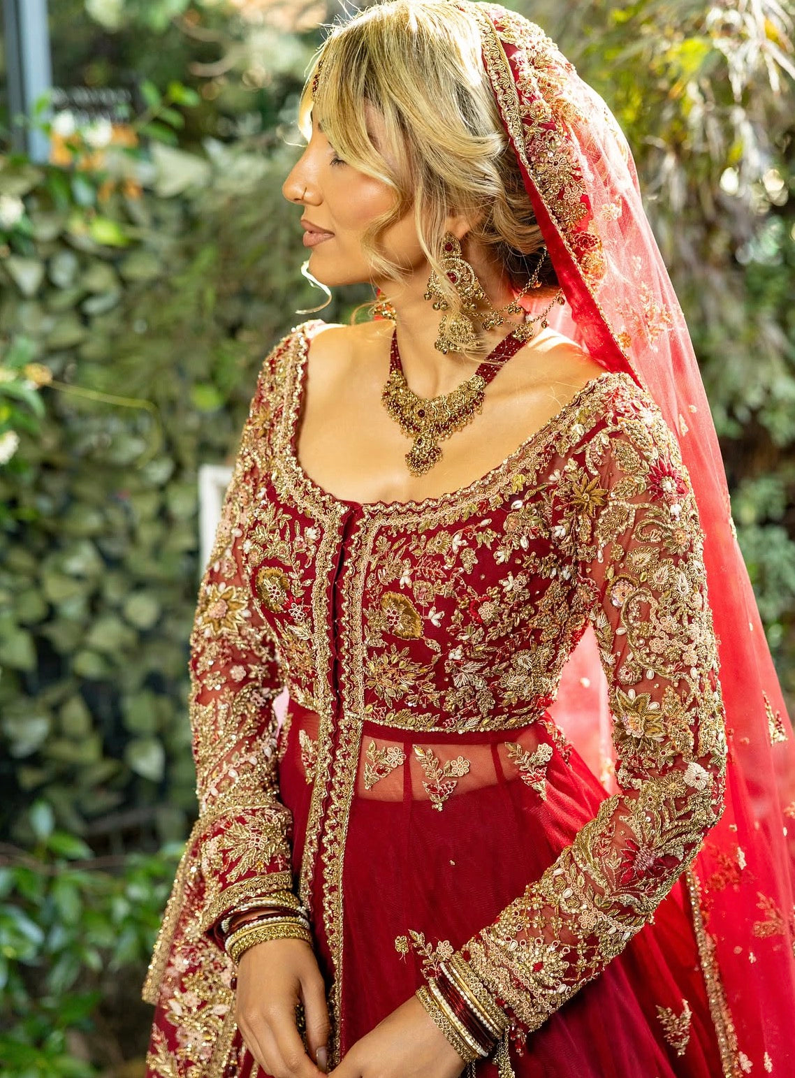 Nikkah Bride in Crimson Gold Embroidered Lehenga