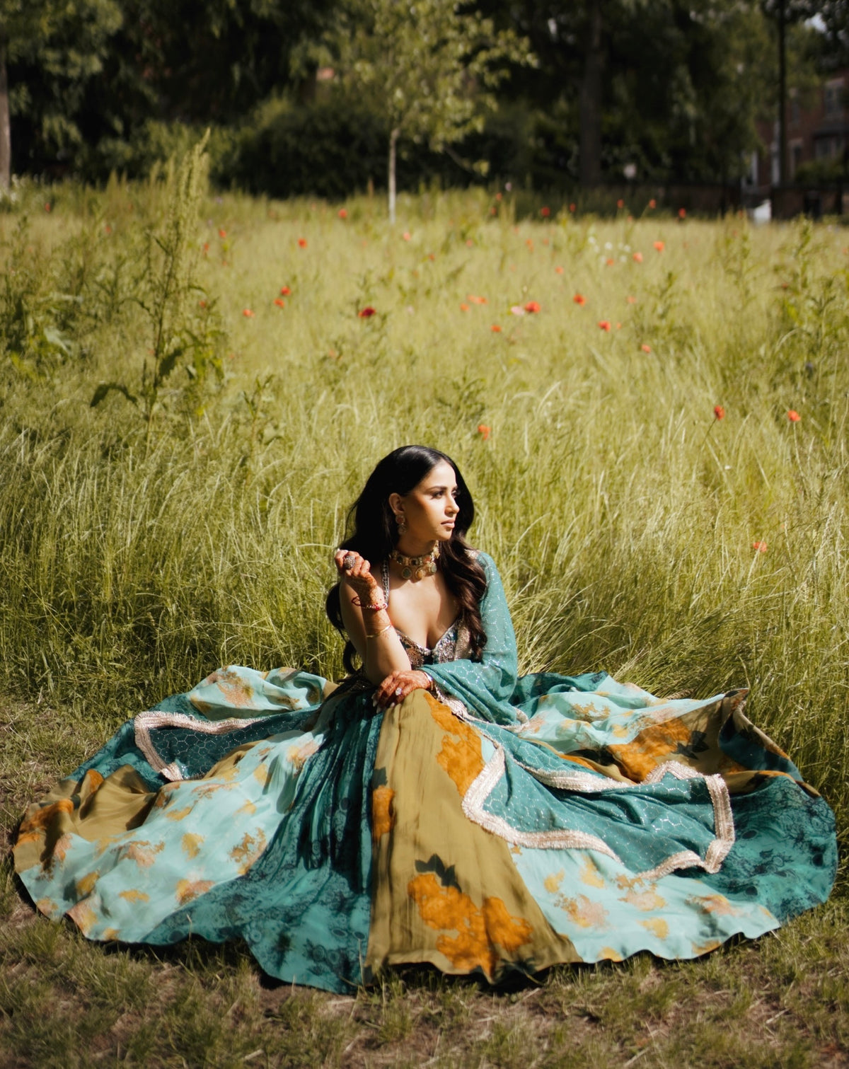 Raj in Teal Blue & Mustard Floral Lehenga