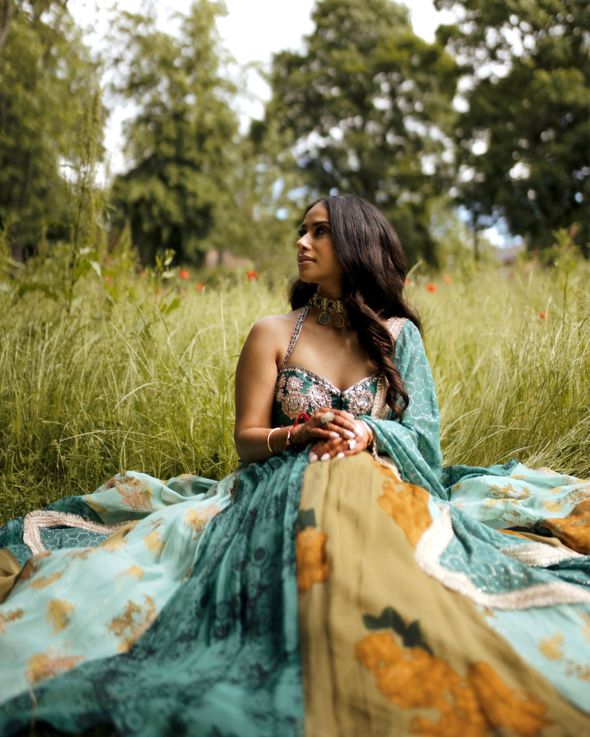Raj in Teal Blue & Mustard Floral Lehenga