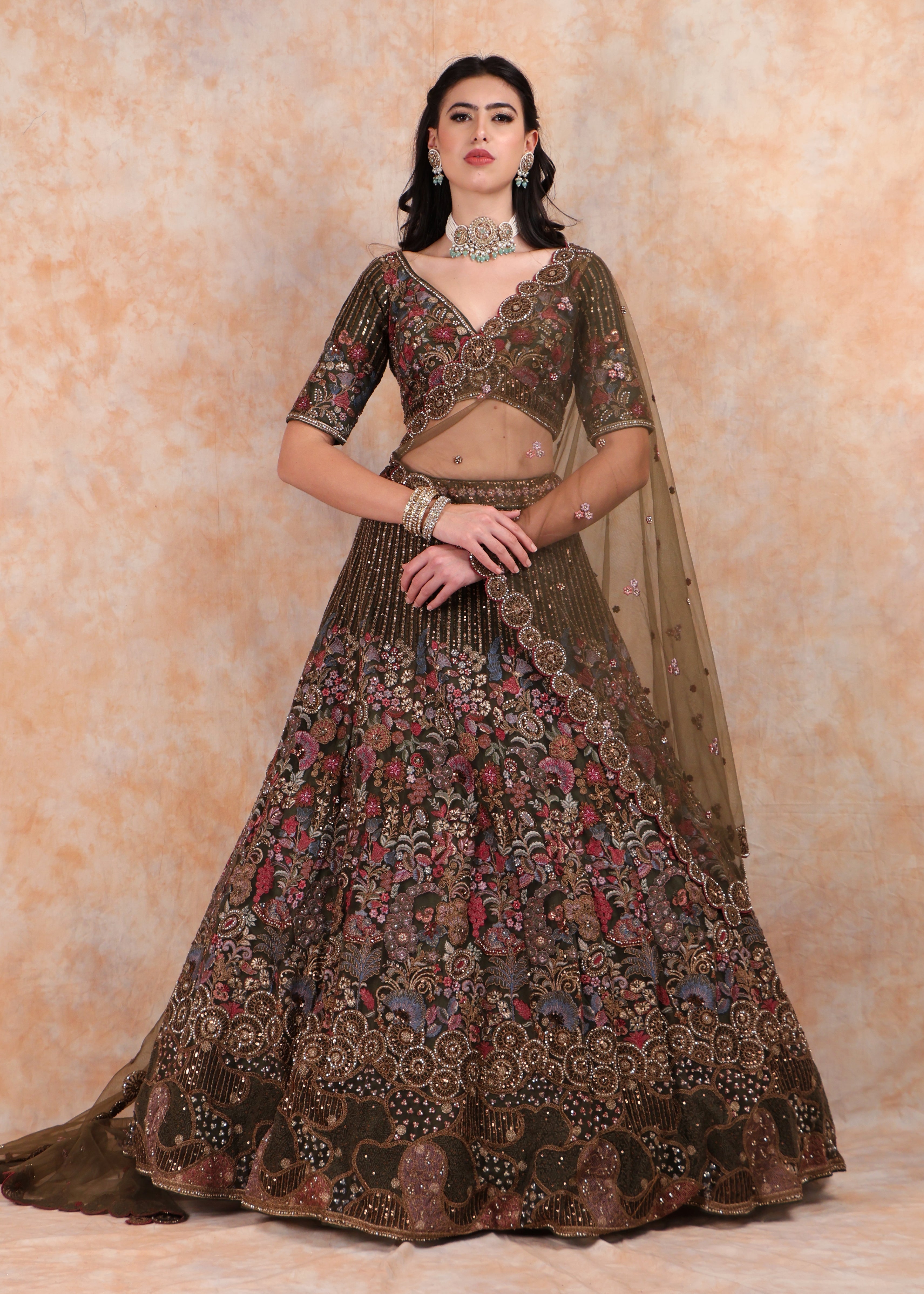 MEHENDI GREEN EMBROIDERY LEHENGA AND TOP WITH DUPATTA