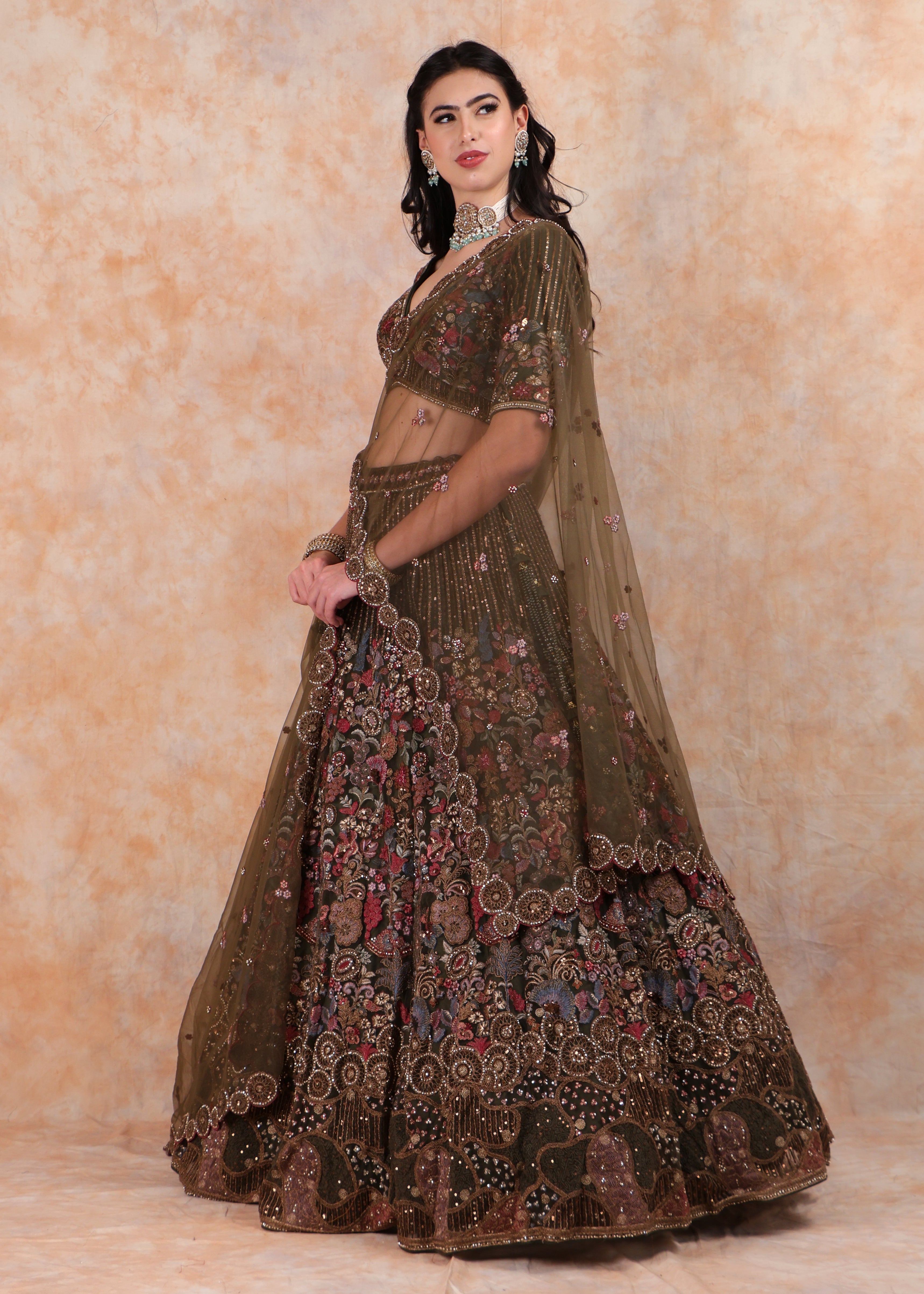 MEHENDI GREEN EMBROIDERY LEHENGA AND TOP WITH DUPATTA