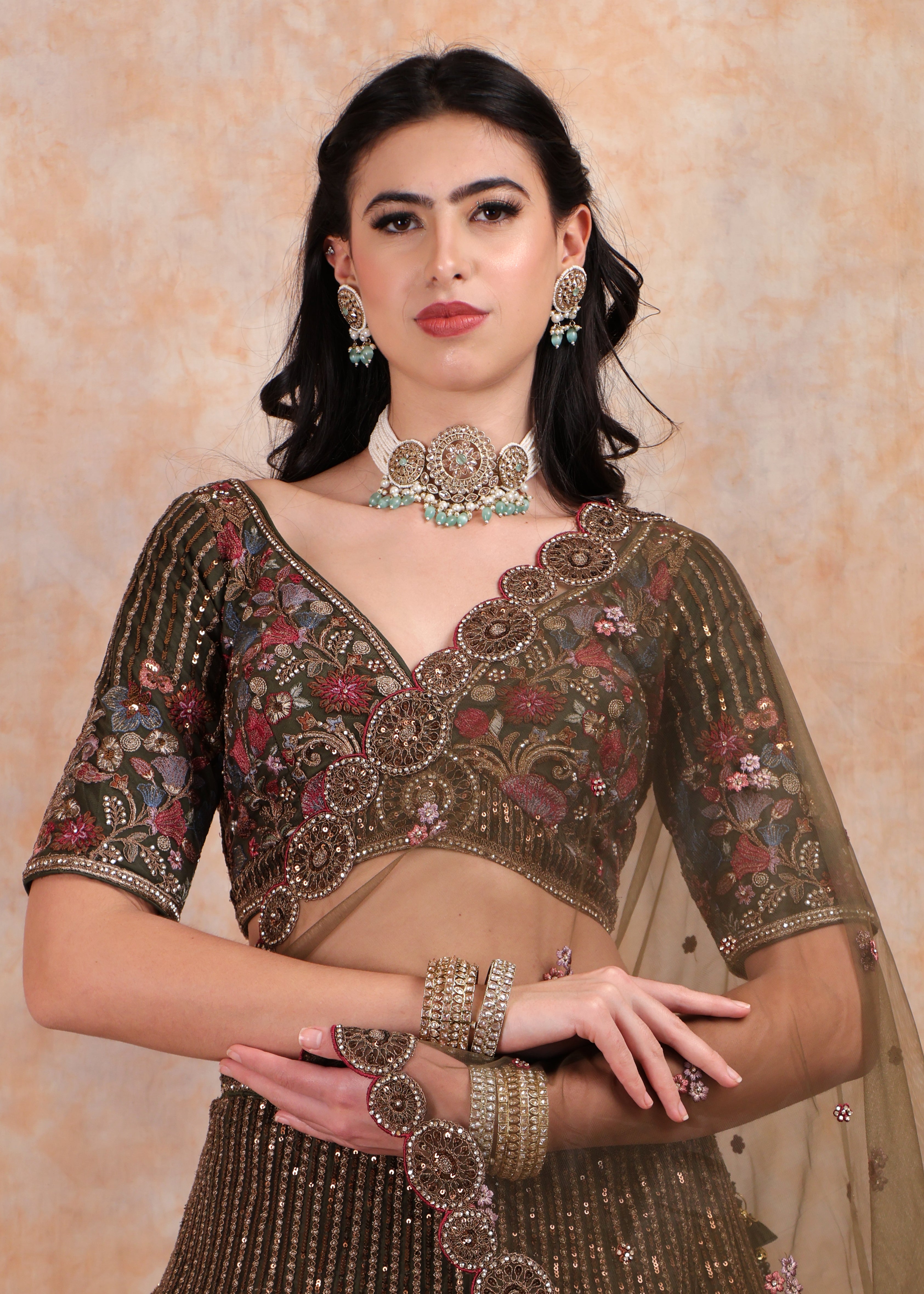 MEHENDI GREEN EMBROIDERY LEHENGA AND TOP WITH DUPATTA