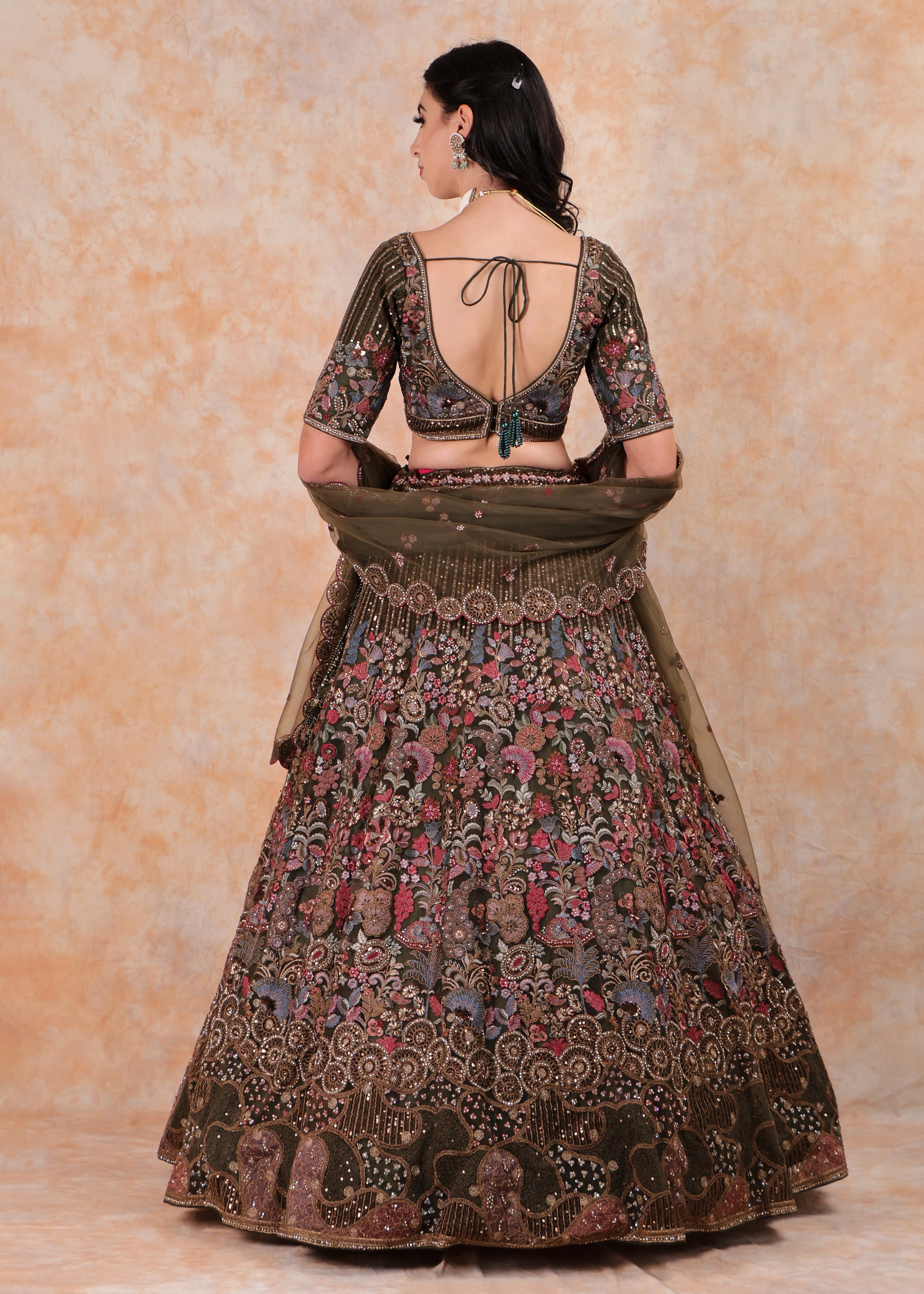 MEHENDI GREEN EMBROIDERY LEHENGA AND TOP WITH DUPATTA