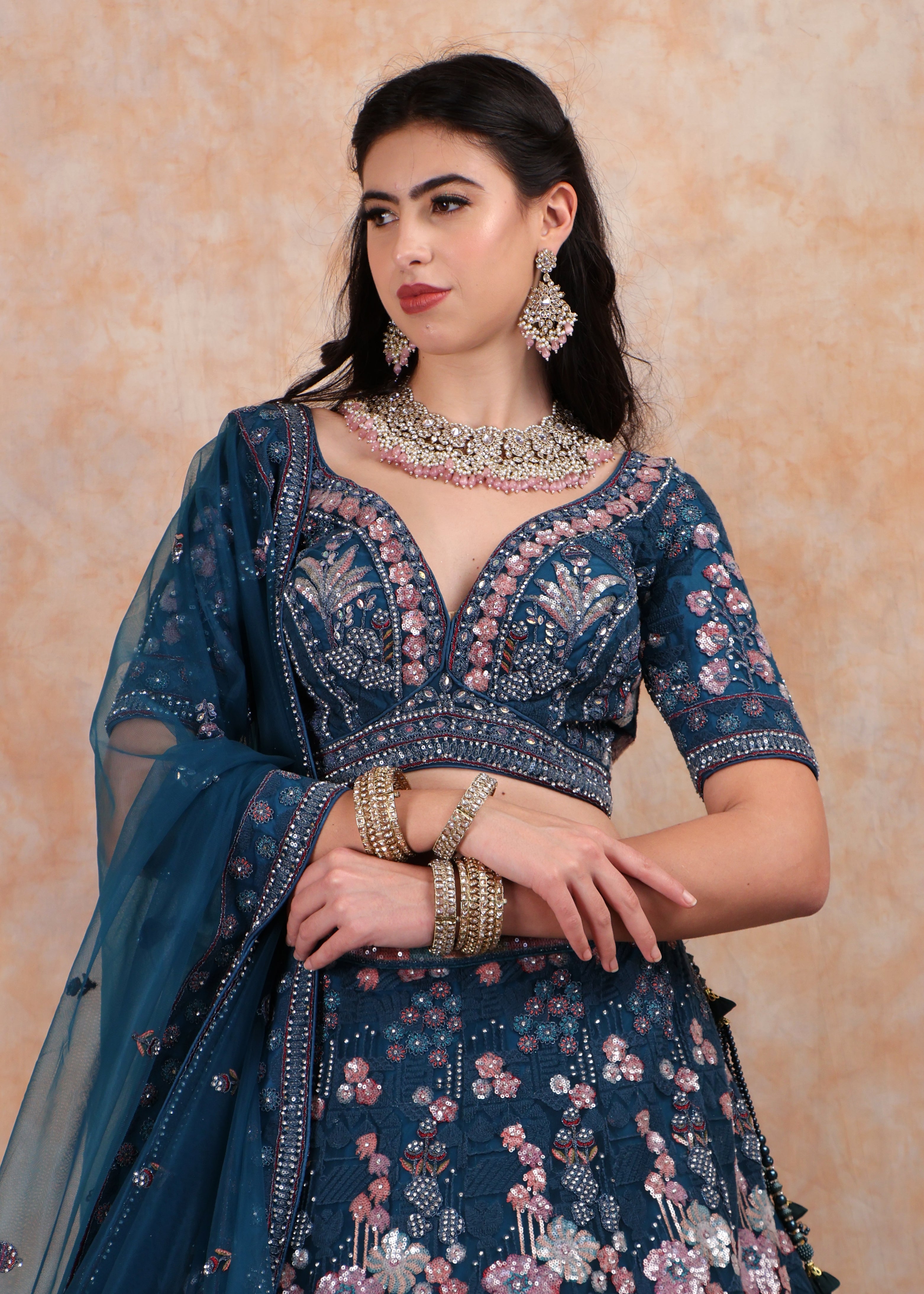 BLUE EMBROIDERY LEHENGA AND TOP WITH DUPATTA