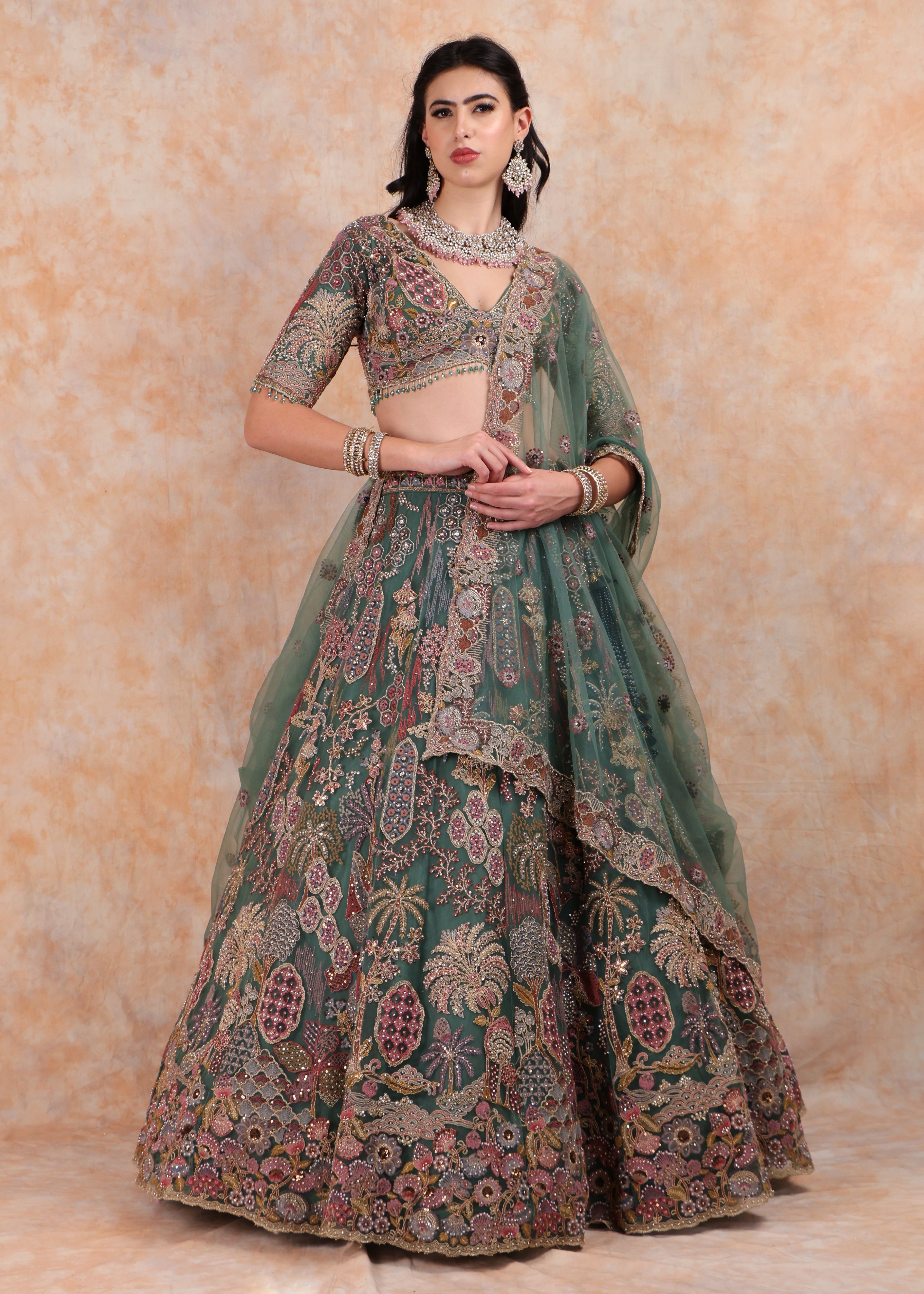 RAMA GREEN EMBROIDERY LEHENGA AND TOP WITH DUPATTA