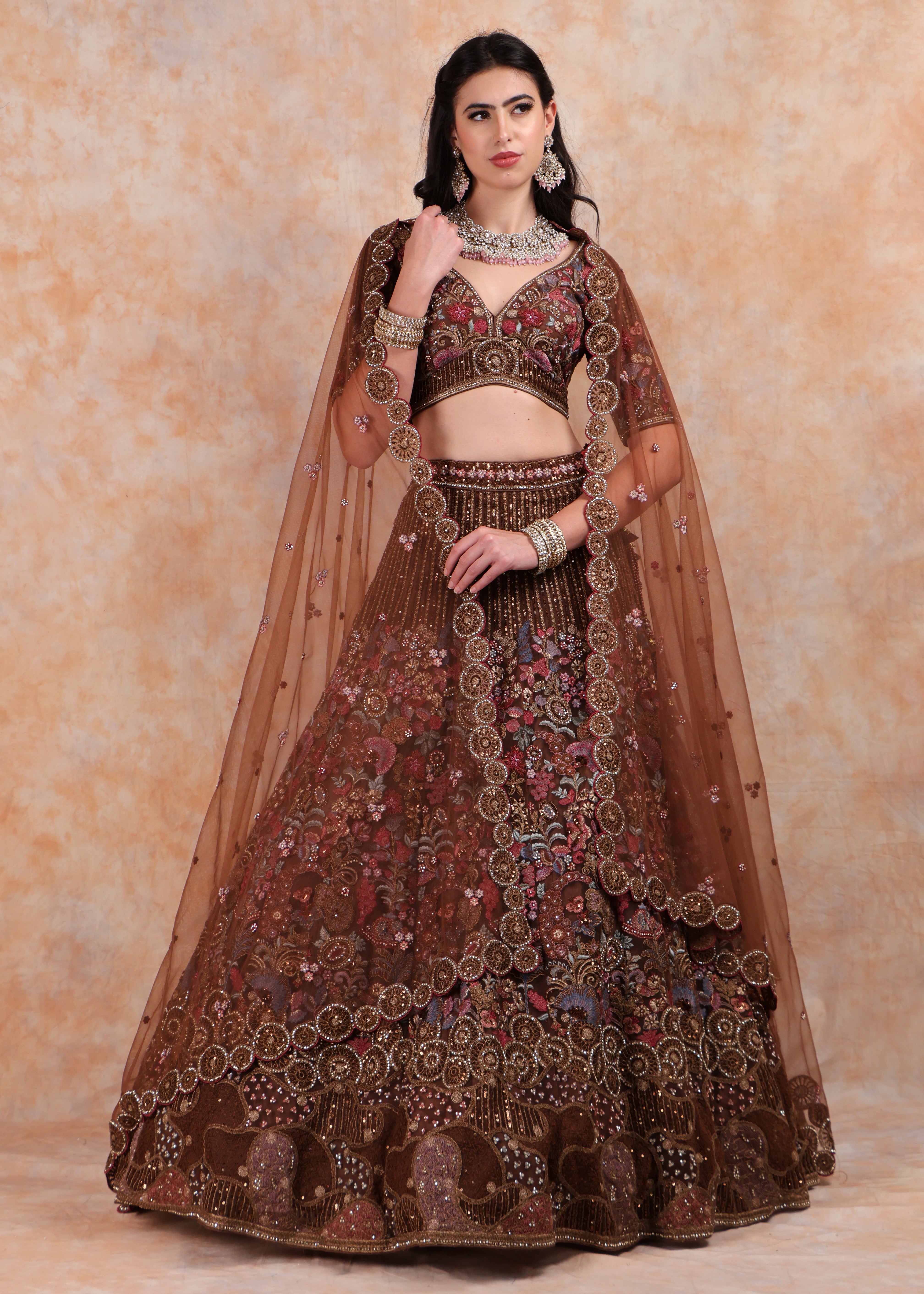 RUST EMBROIDERY LEHENGA AND TOP WITH DUPATTA