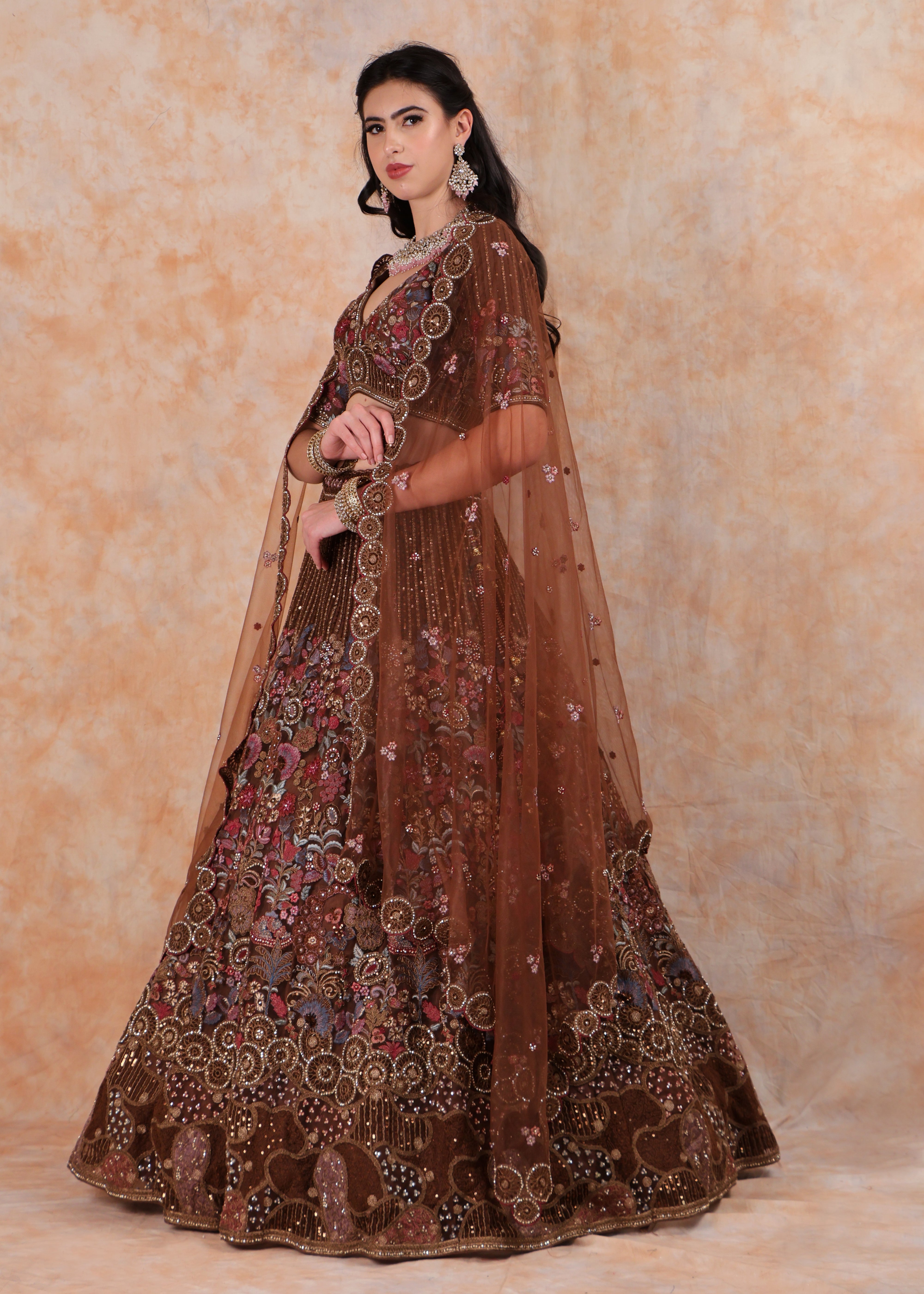 RUST EMBROIDERY LEHENGA AND TOP WITH DUPATTA