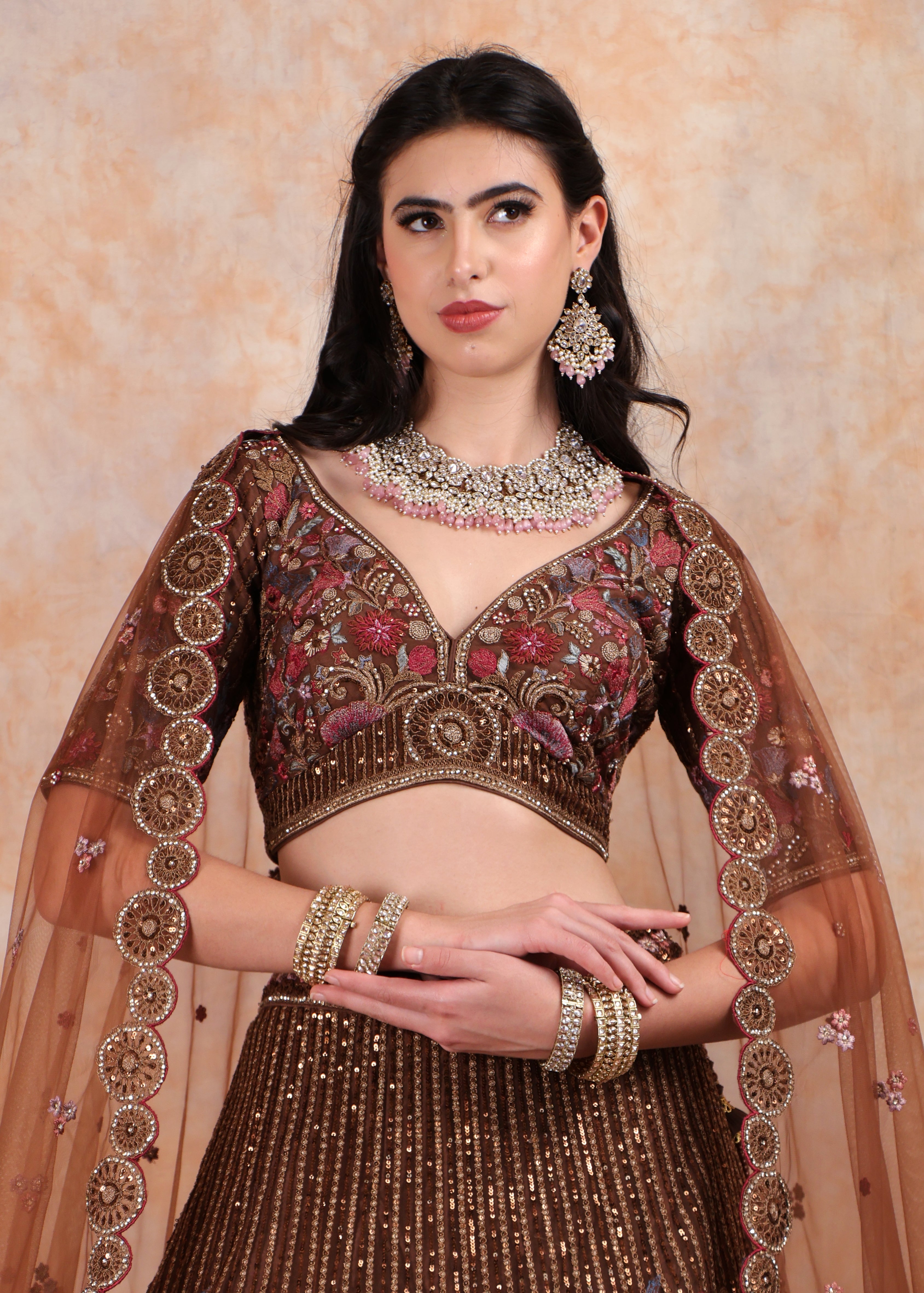 RUST EMBROIDERY LEHENGA AND TOP WITH DUPATTA