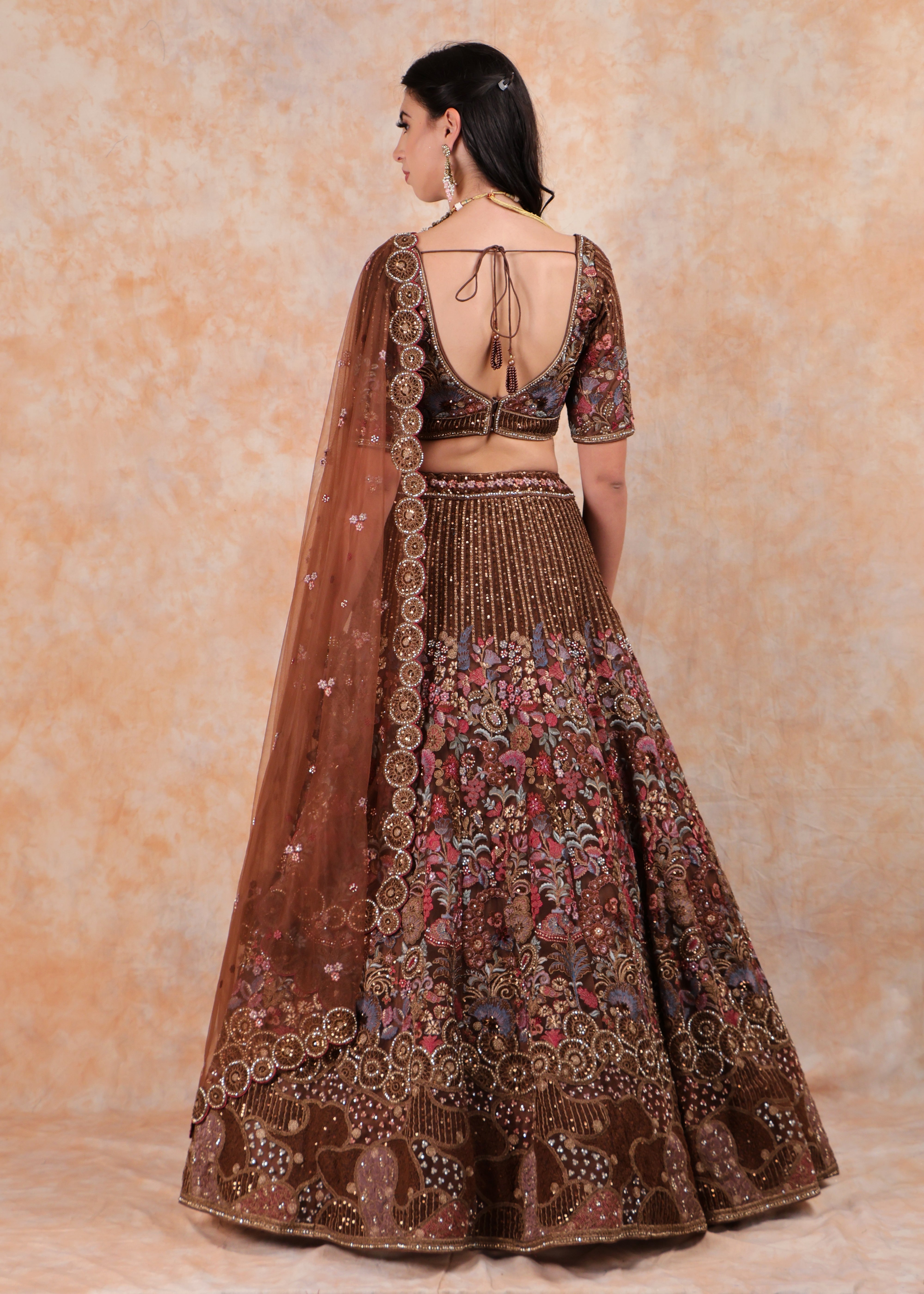 RUST EMBROIDERY LEHENGA AND TOP WITH DUPATTA