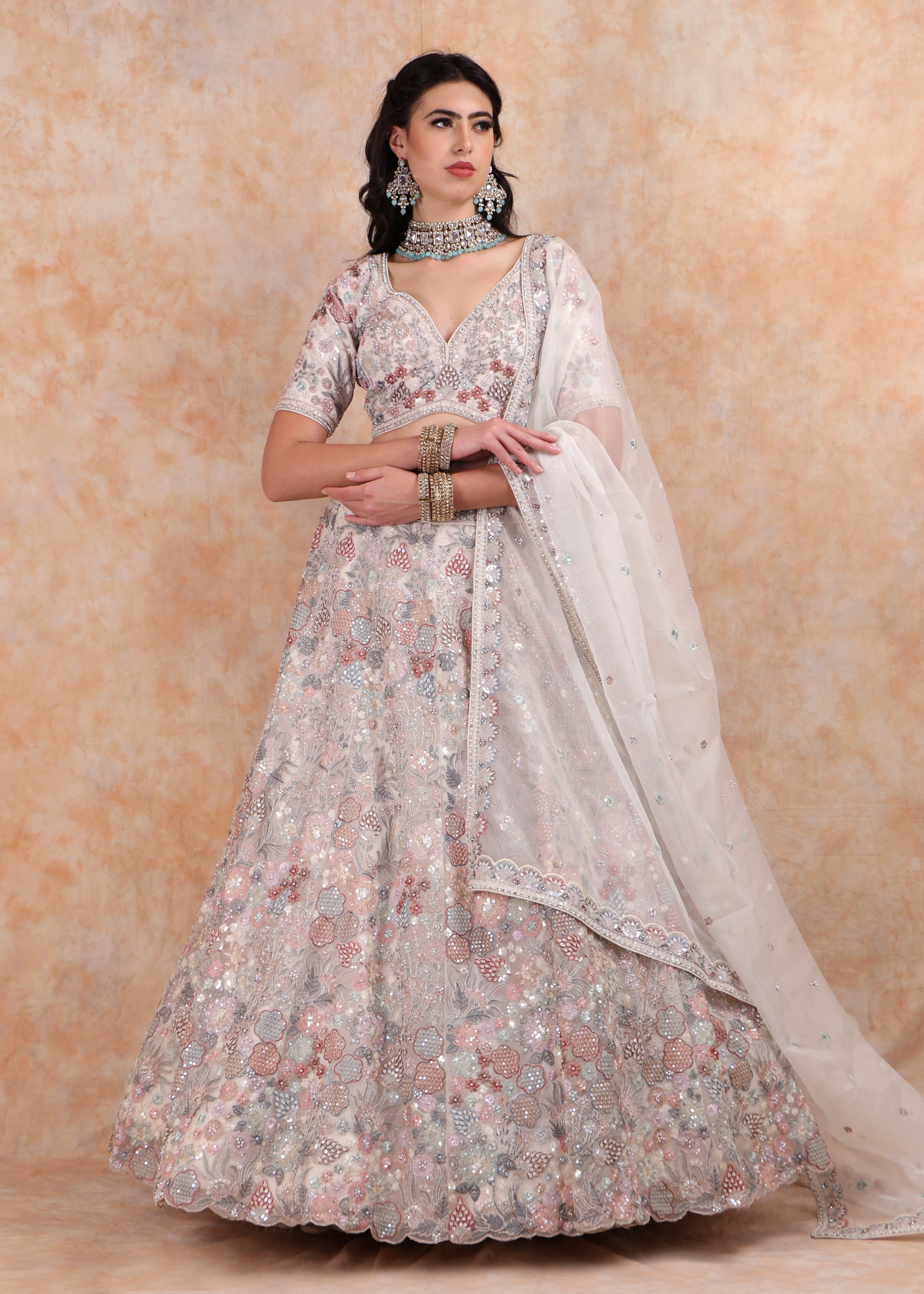 IVORY EMBROIDERY LEHENGA AND TOP WITH DUPATTA