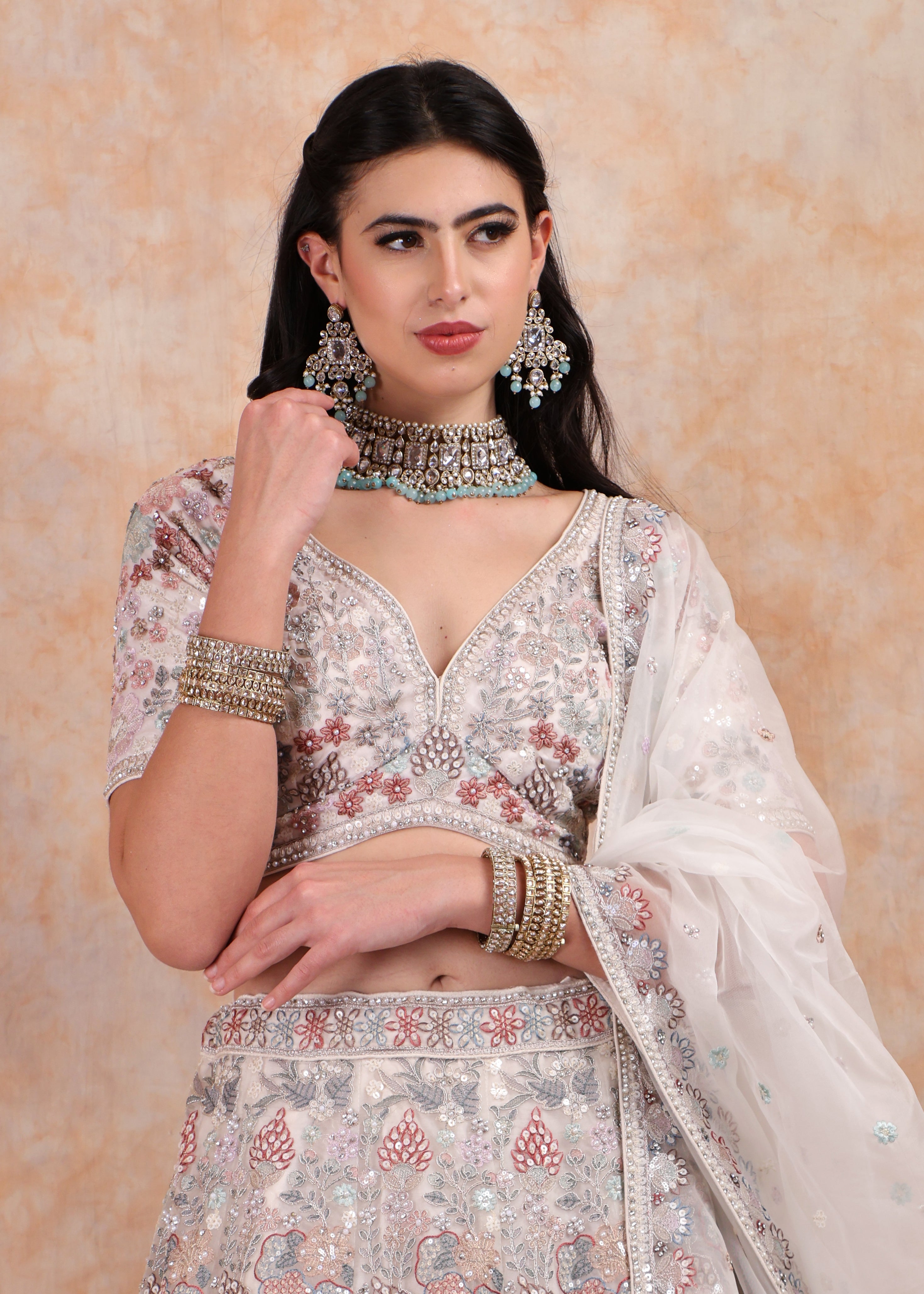 IVORY EMBROIDERY LEHENGA AND TOP WITH DUPATTA