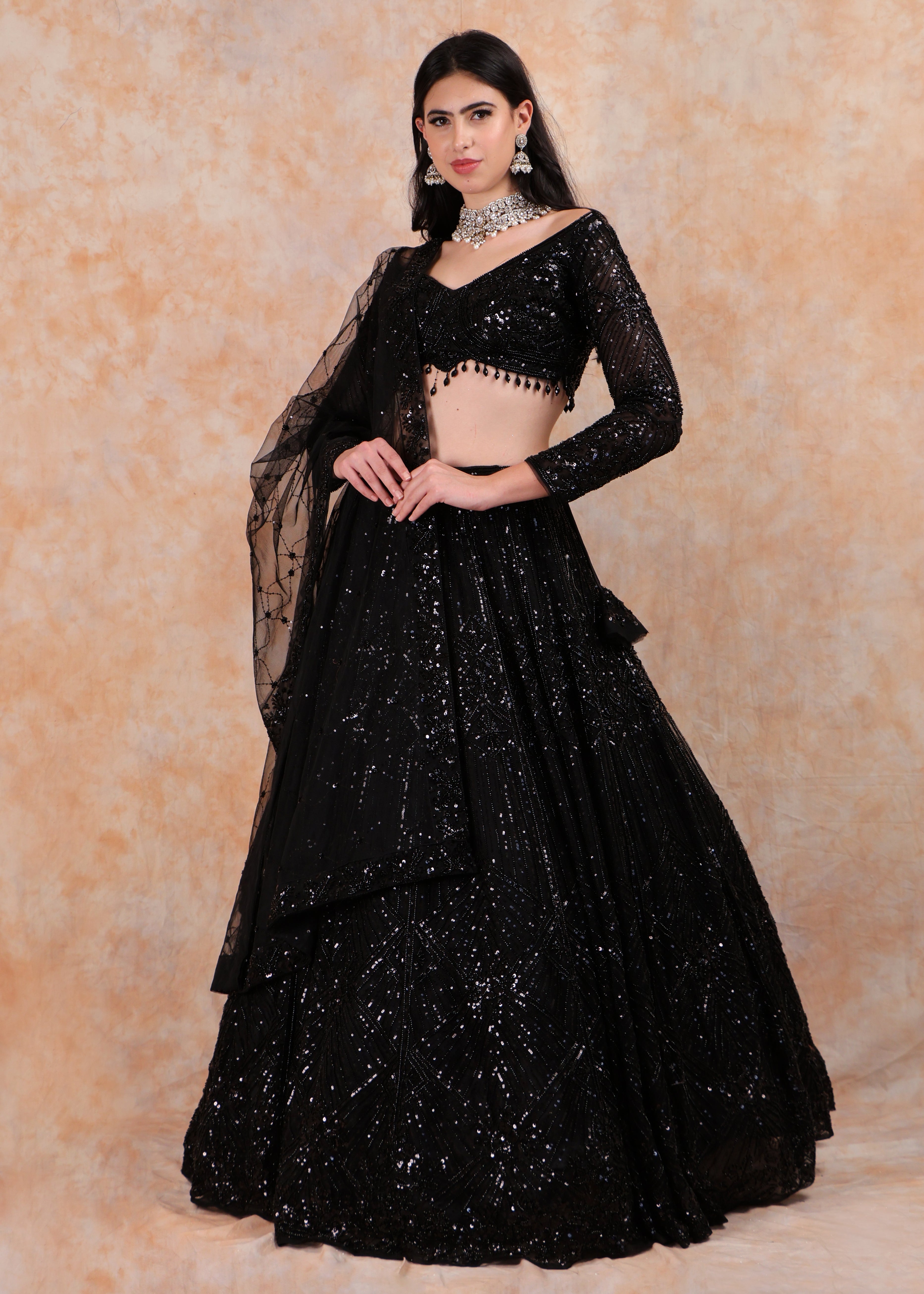 BLACK EMBROIDERY LEHENGA WITH ELEGANT TOP AND  DUPATTA
