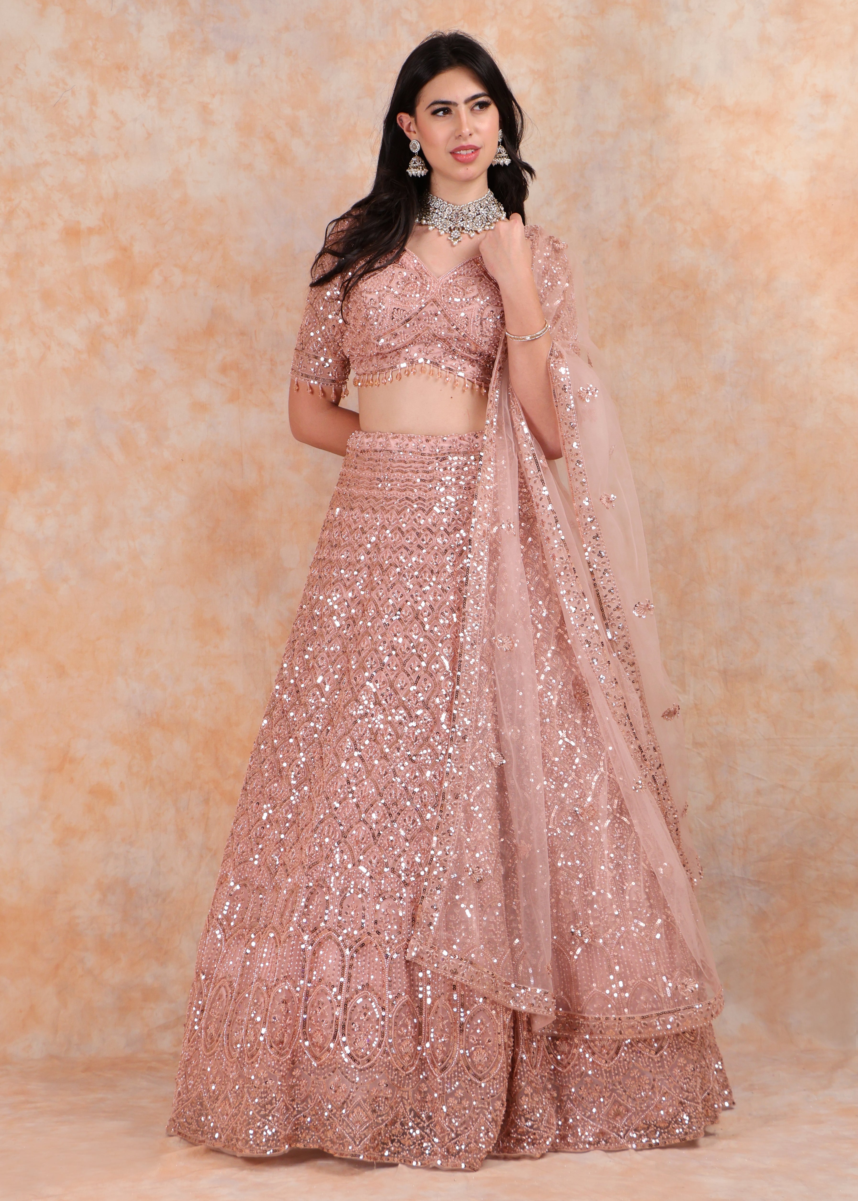 PEACH EMBROIDERY LEHENGA WITH ELEGANT TOP AND  DUPATTA