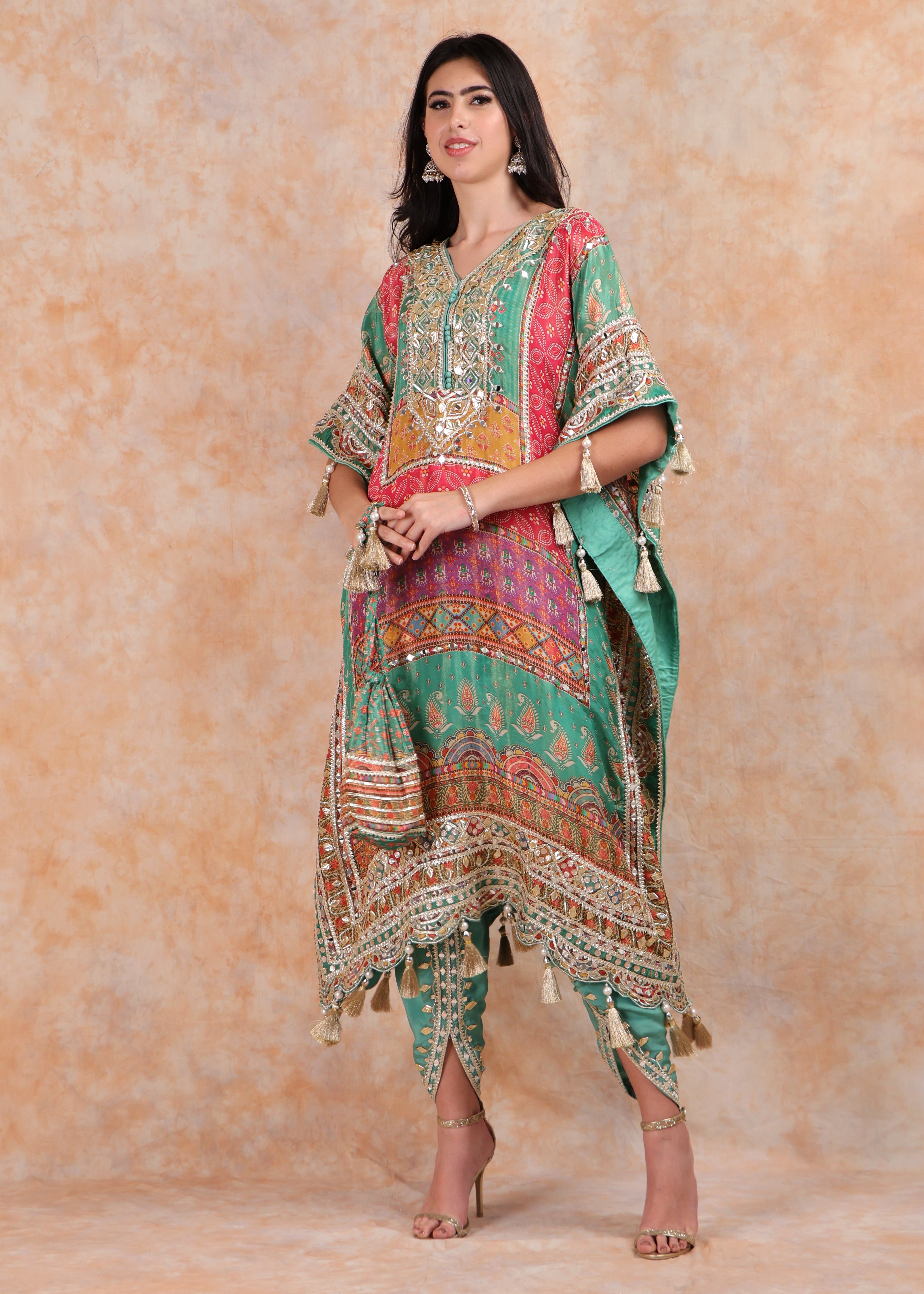 GREEN PRINTED EMBROIDERY KAFTAN WITH SALWAR AND POUCH-BAG