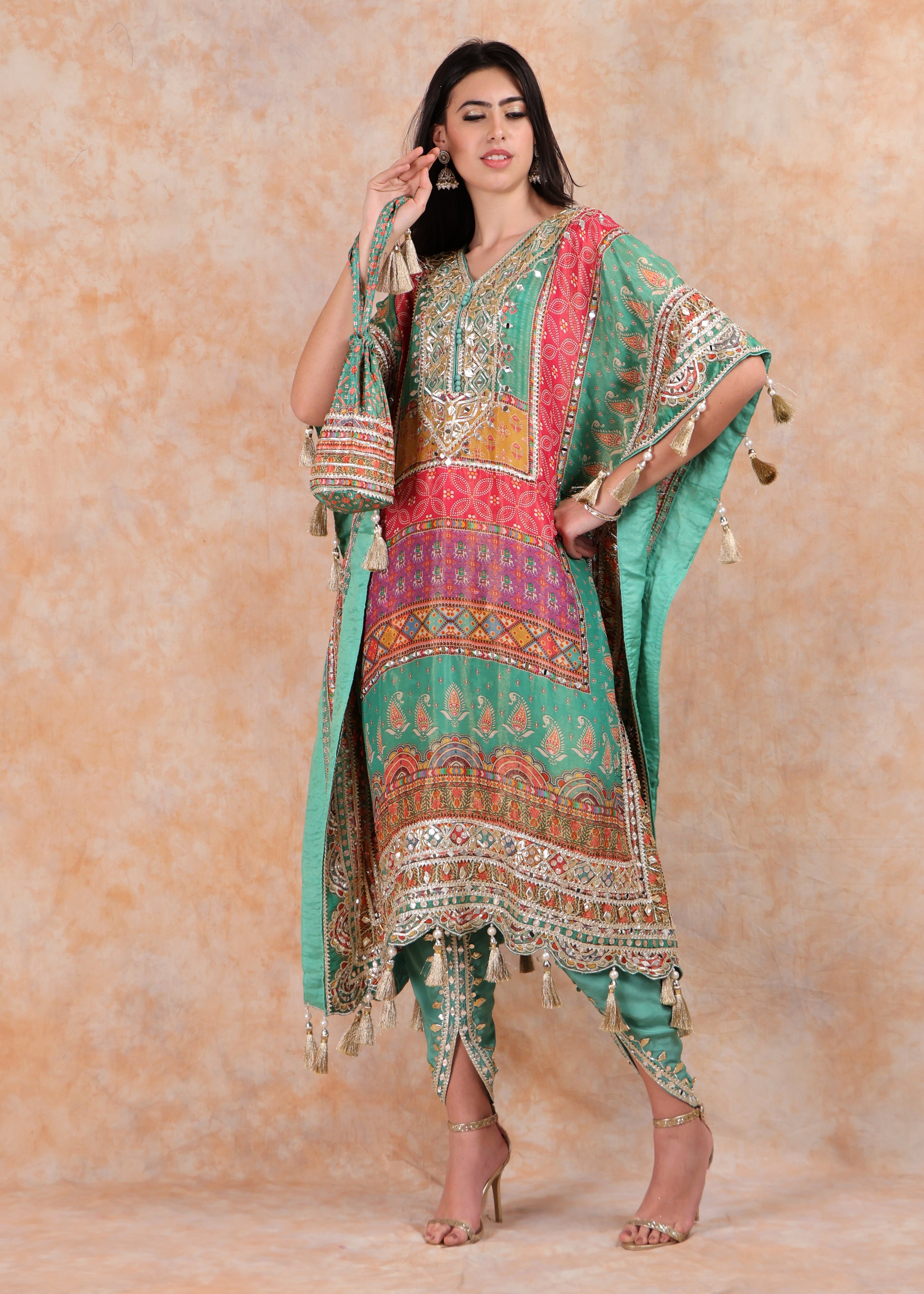 GREEN PRINTED EMBROIDERY KAFTAN WITH SALWAR AND POUCH-BAG