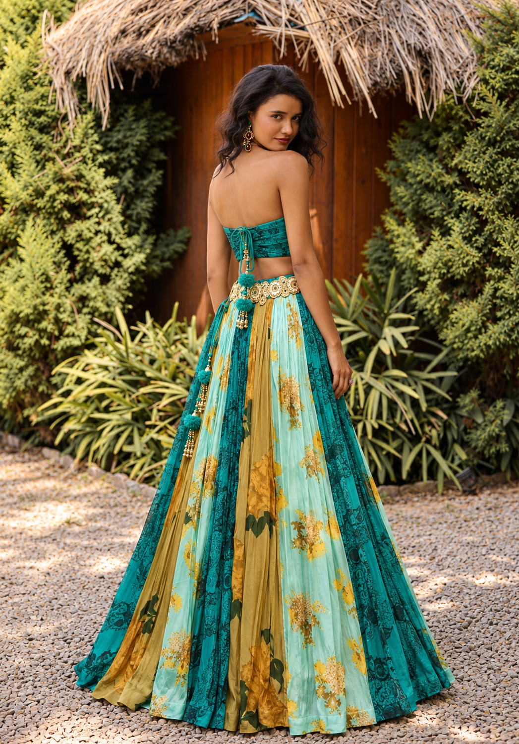 Teal Mustard Floral Lehenga