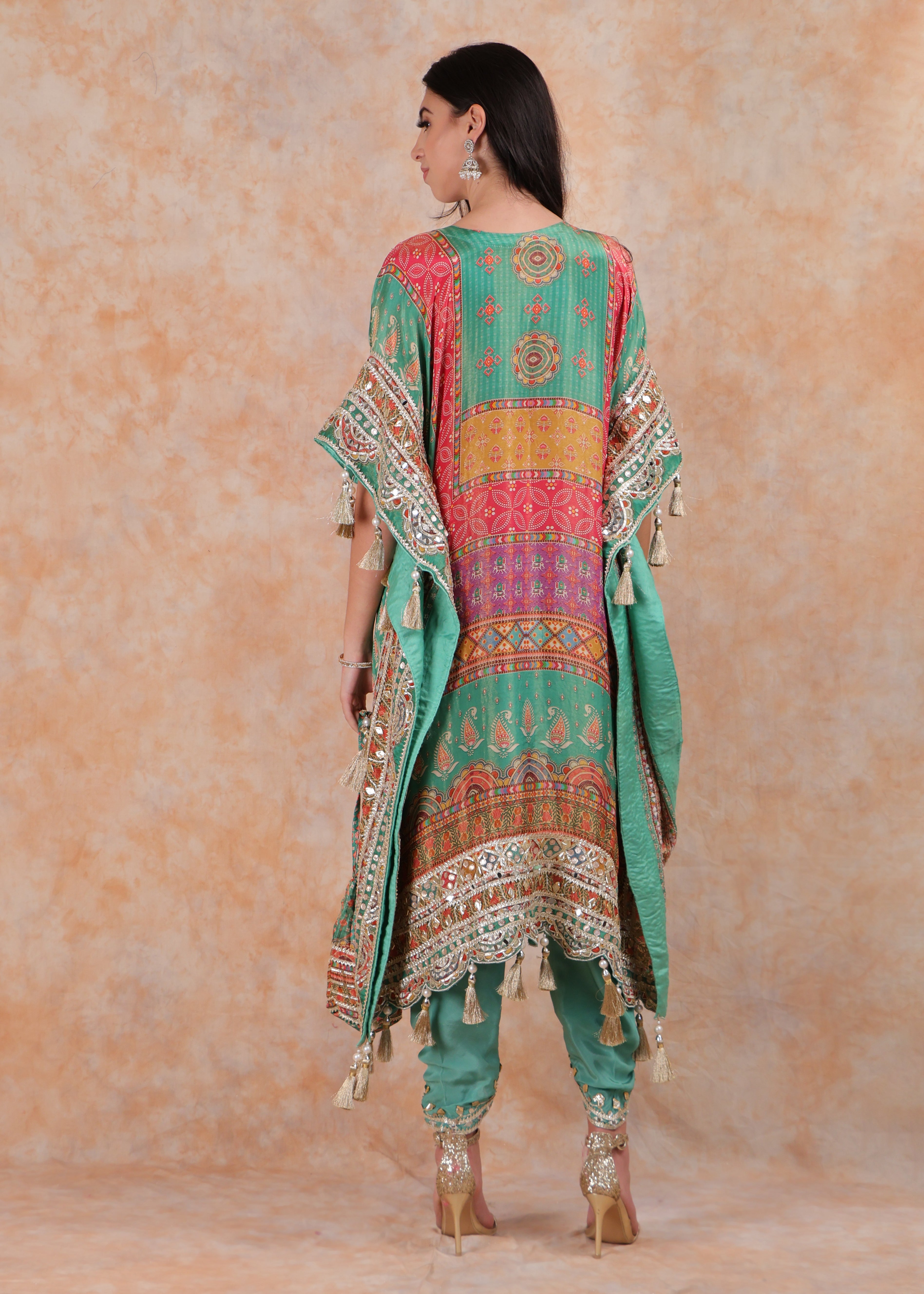 GREEN PRINTED EMBROIDERY KAFTAN WITH SALWAR AND POUCH-BAG