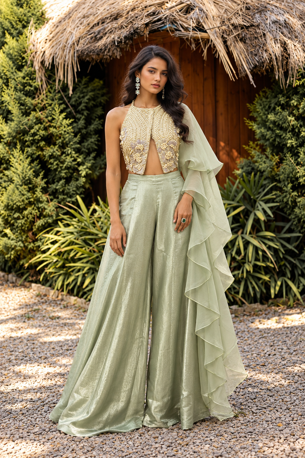 Ruffle Green Embroidered Palazzo Set