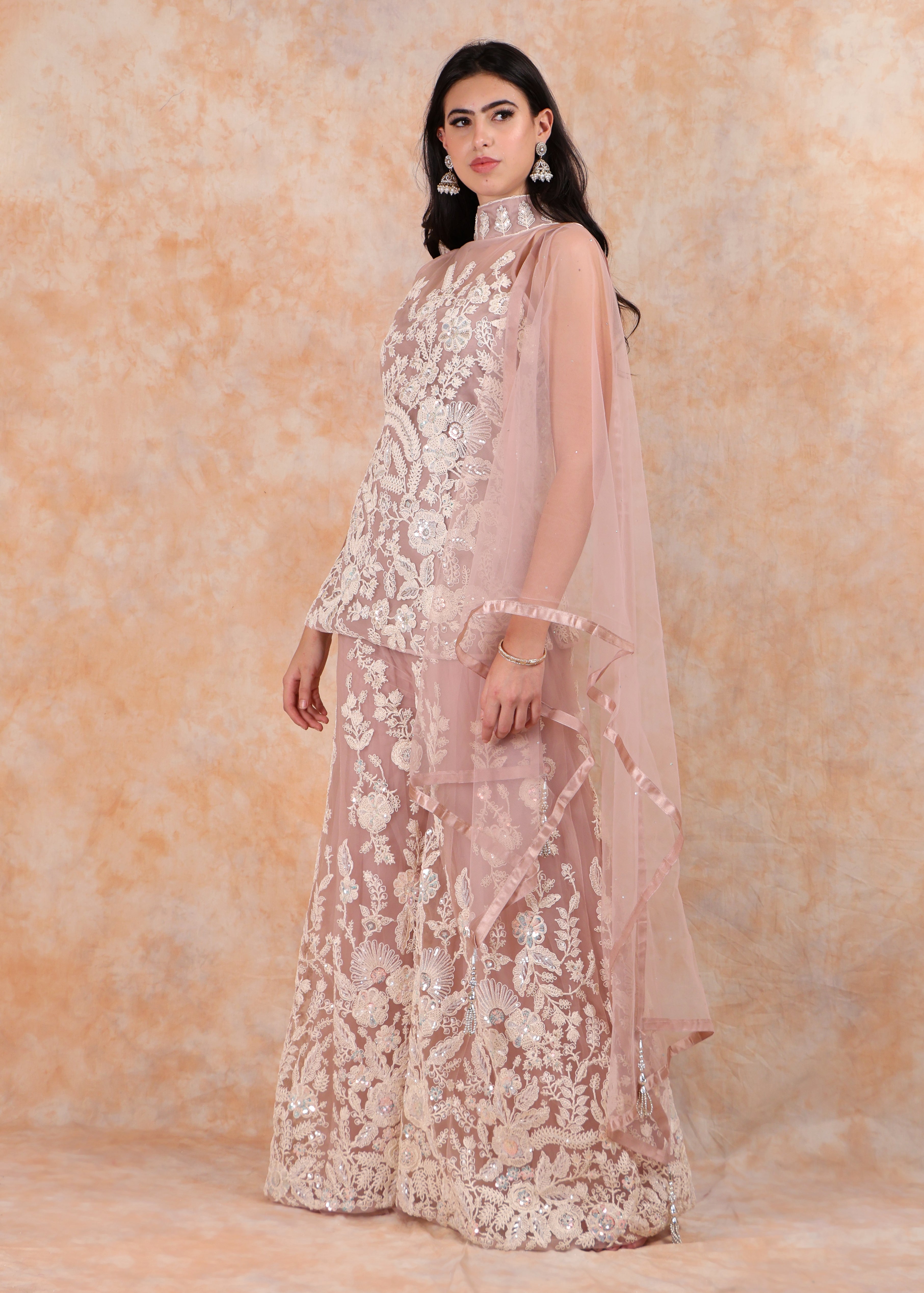 NUDE EMBROIDERY PEPLUM AND SHARARA WITH DUPTTA