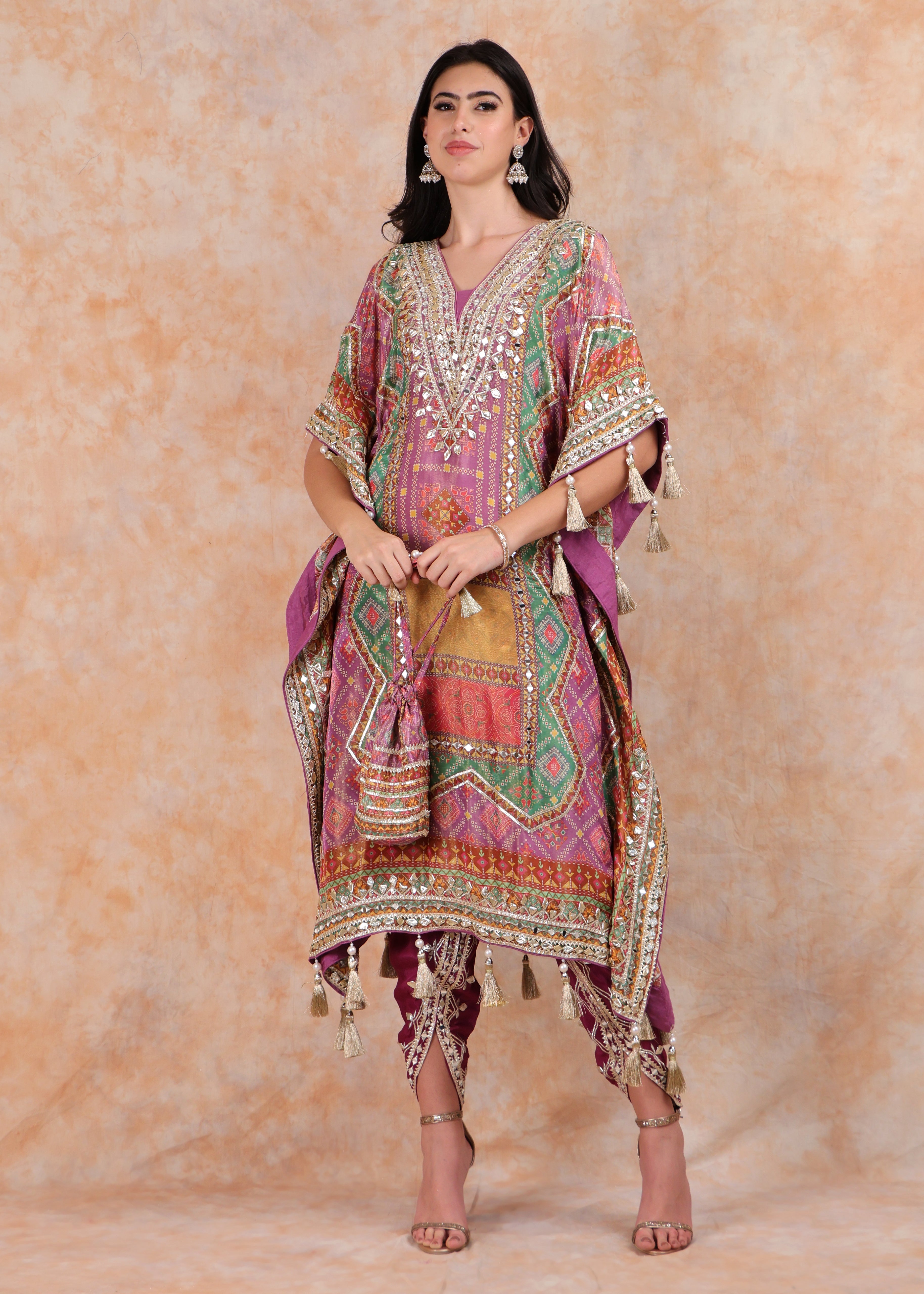 PURPLE PRINTED EMBROIDERY KAFTAN WITH SALWAR AND POUCH-BAG