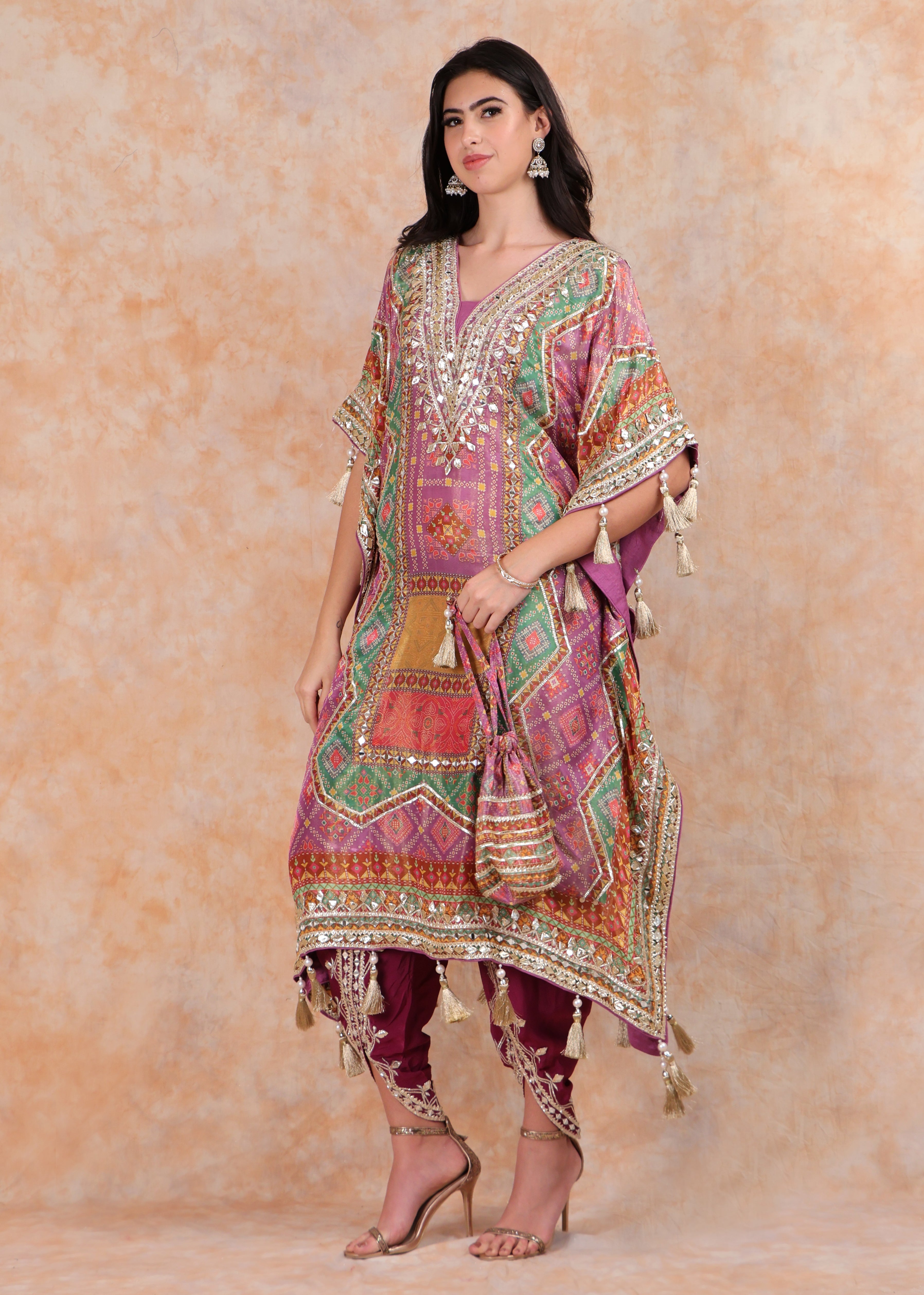 PURPLE PRINTED EMBROIDERY KAFTAN WITH SALWAR AND POUCH-BAG