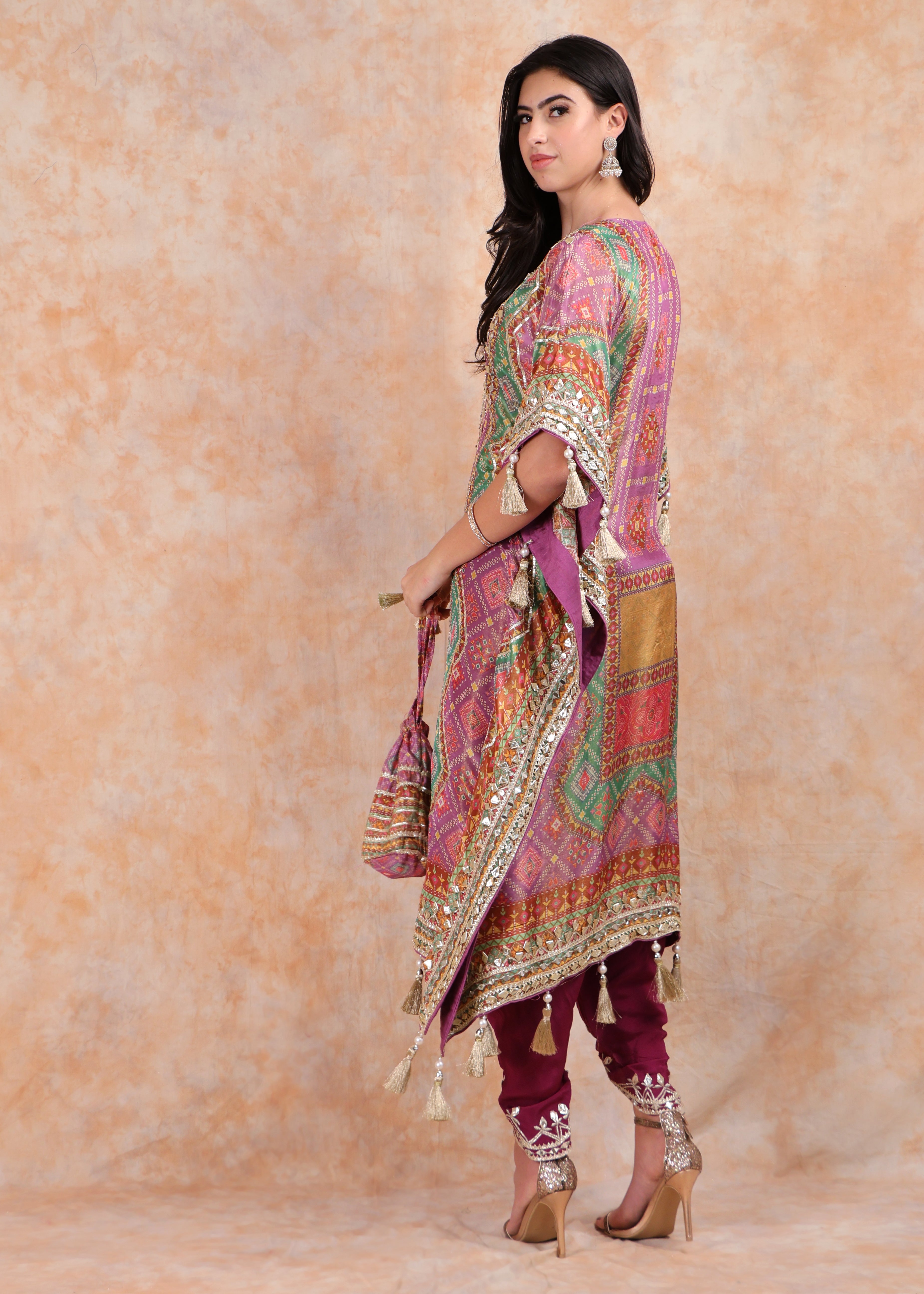 PURPLE PRINTED EMBROIDERY KAFTAN WITH SALWAR AND POUCH-BAG