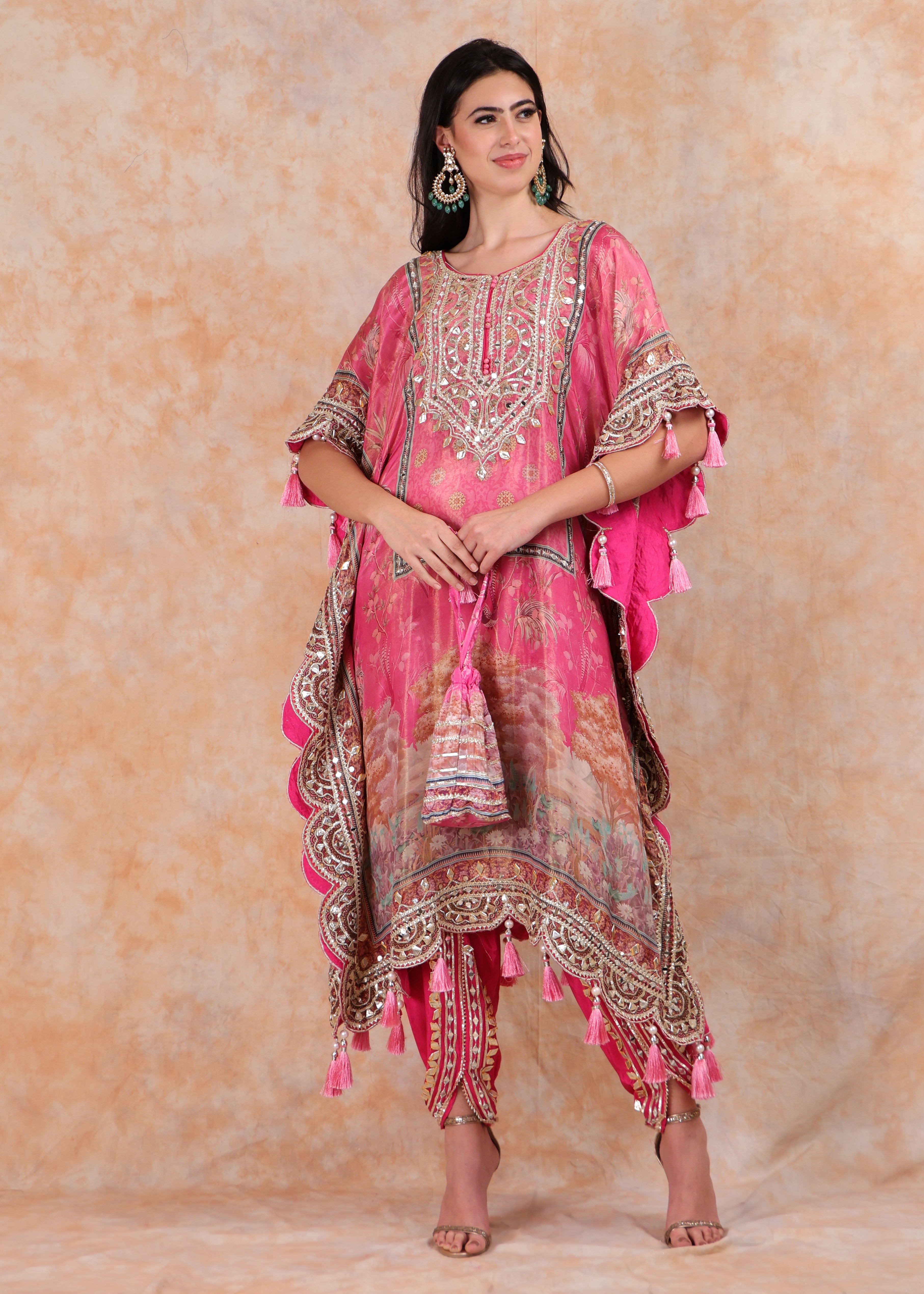 PINK PRINTED EMBROIDERY KAFTAN WITH SALWAR AND POUCH-BAG