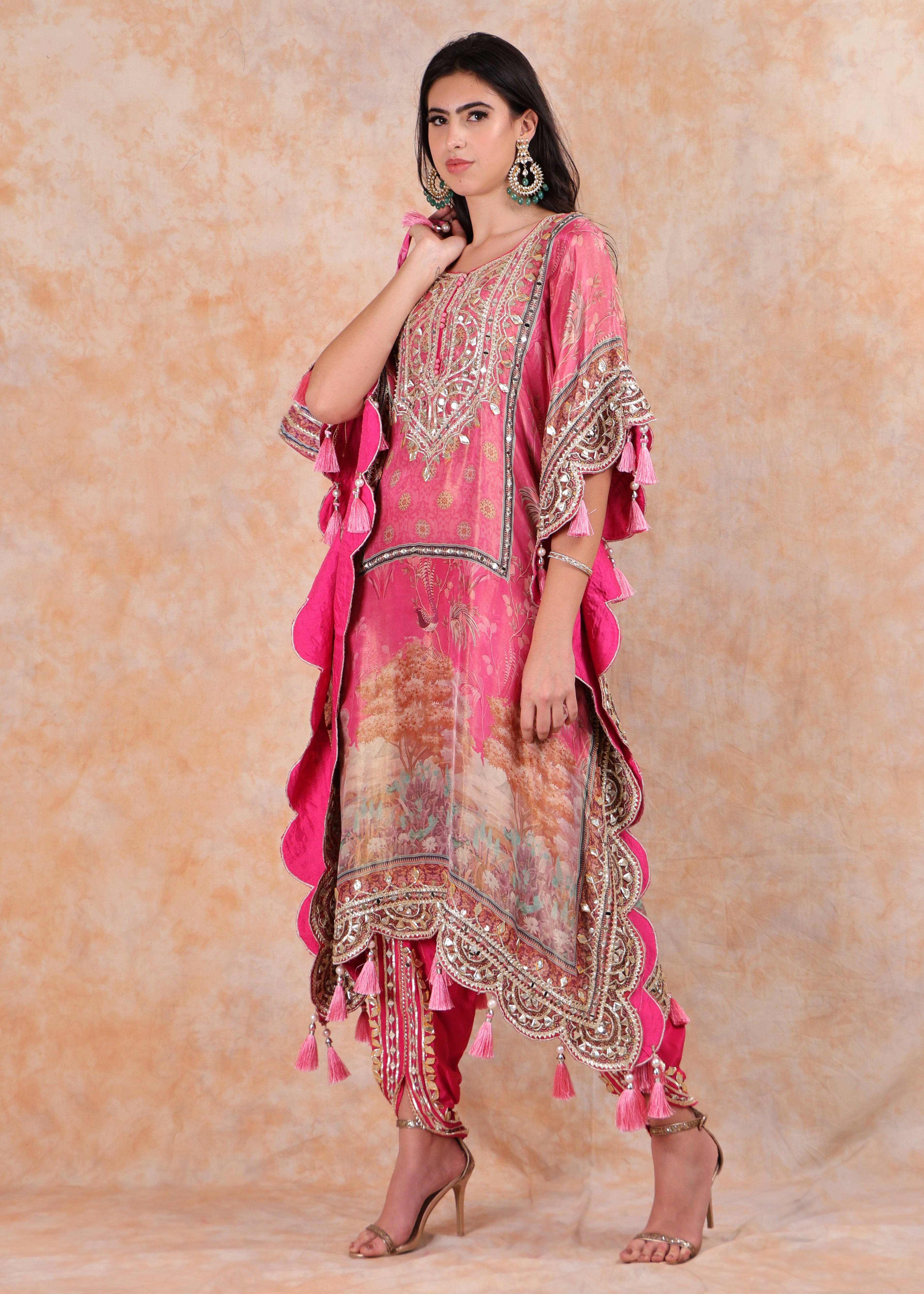 PINK PRINTED EMBROIDERY KAFTAN WITH SALWAR AND POUCH-BAG