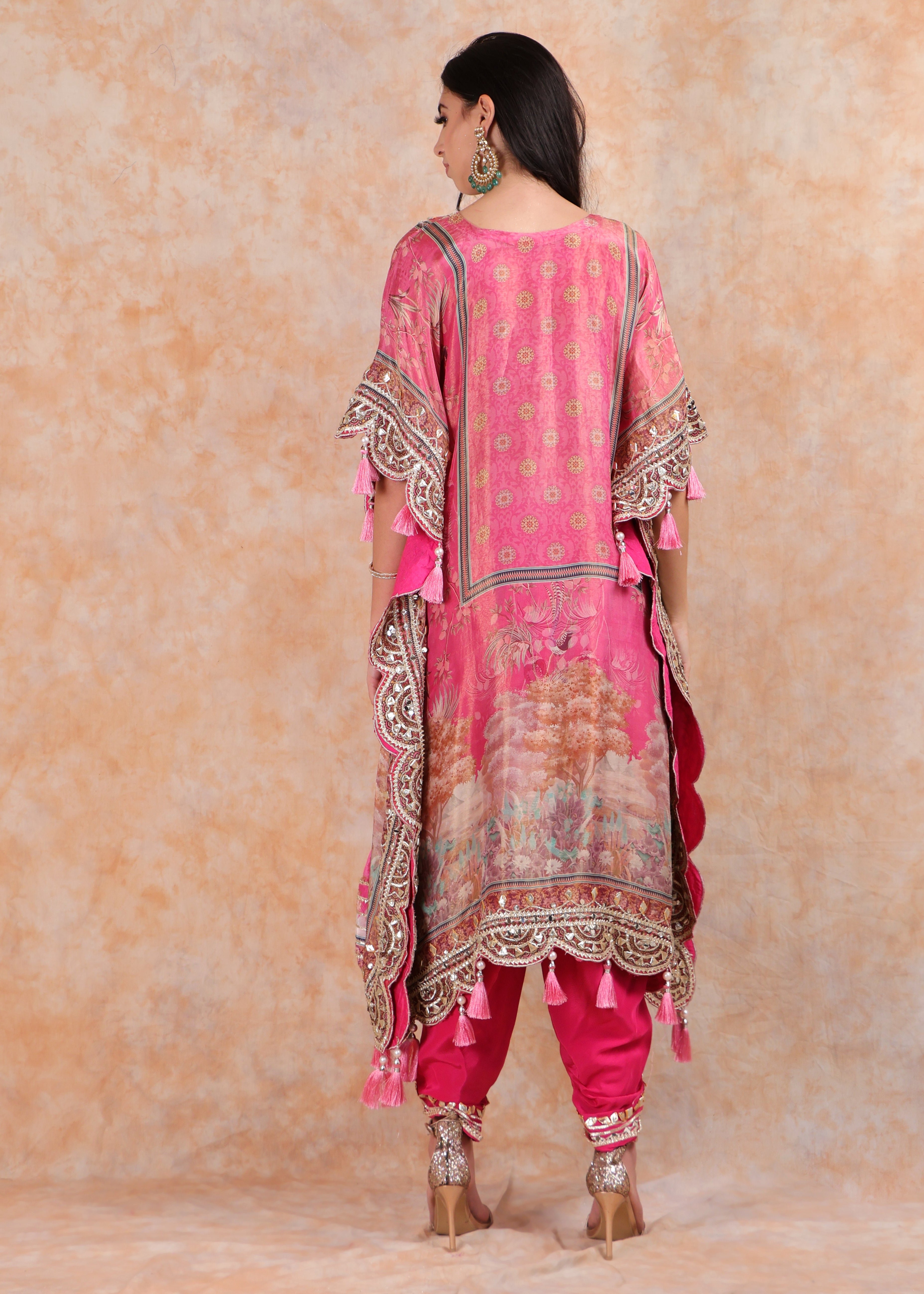 PINK PRINTED EMBROIDERY KAFTAN WITH SALWAR AND POUCH-BAG