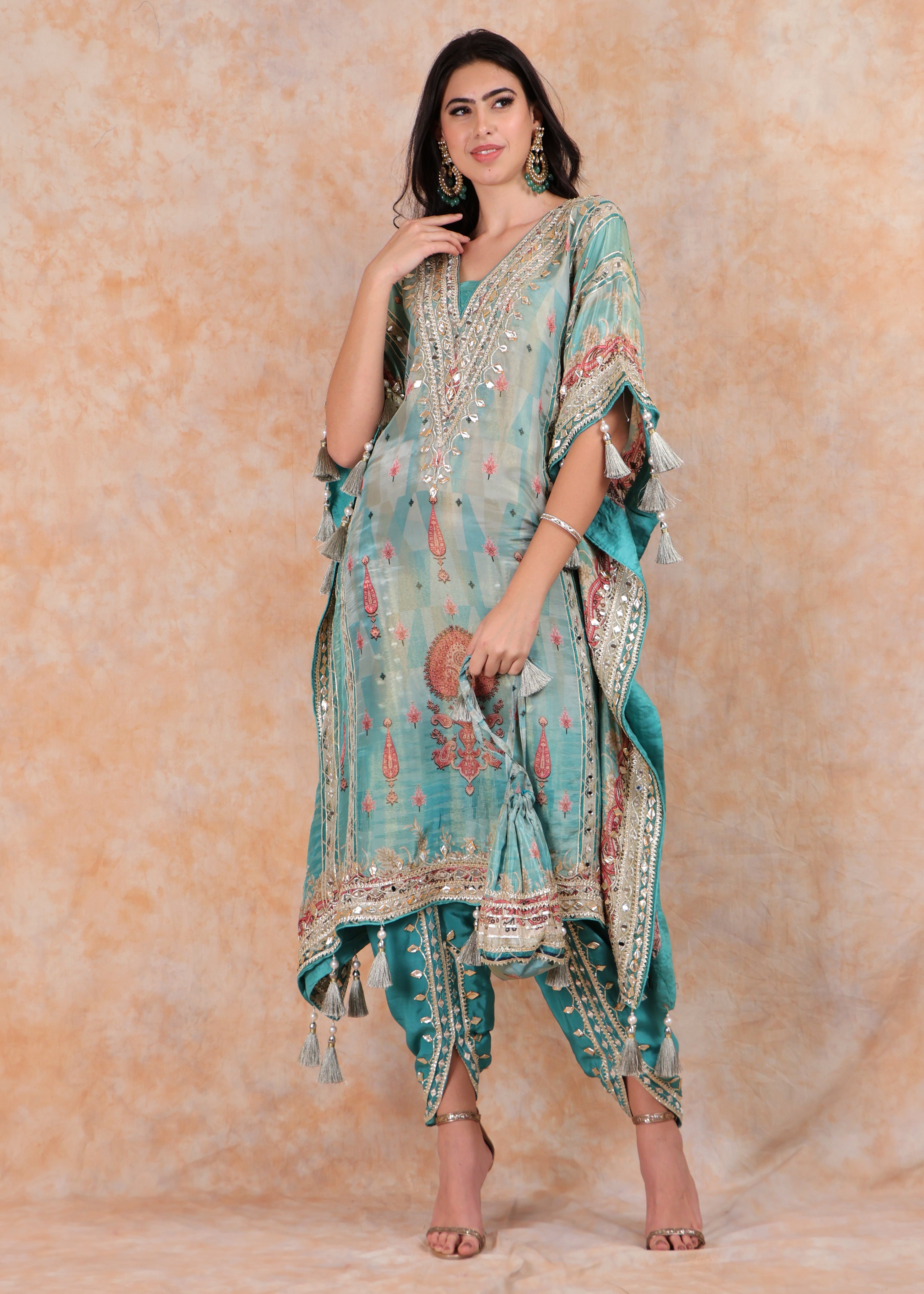 PRINTED EMBROIDERY KAFTAN WITH SALWAR AND POUCH-BAG