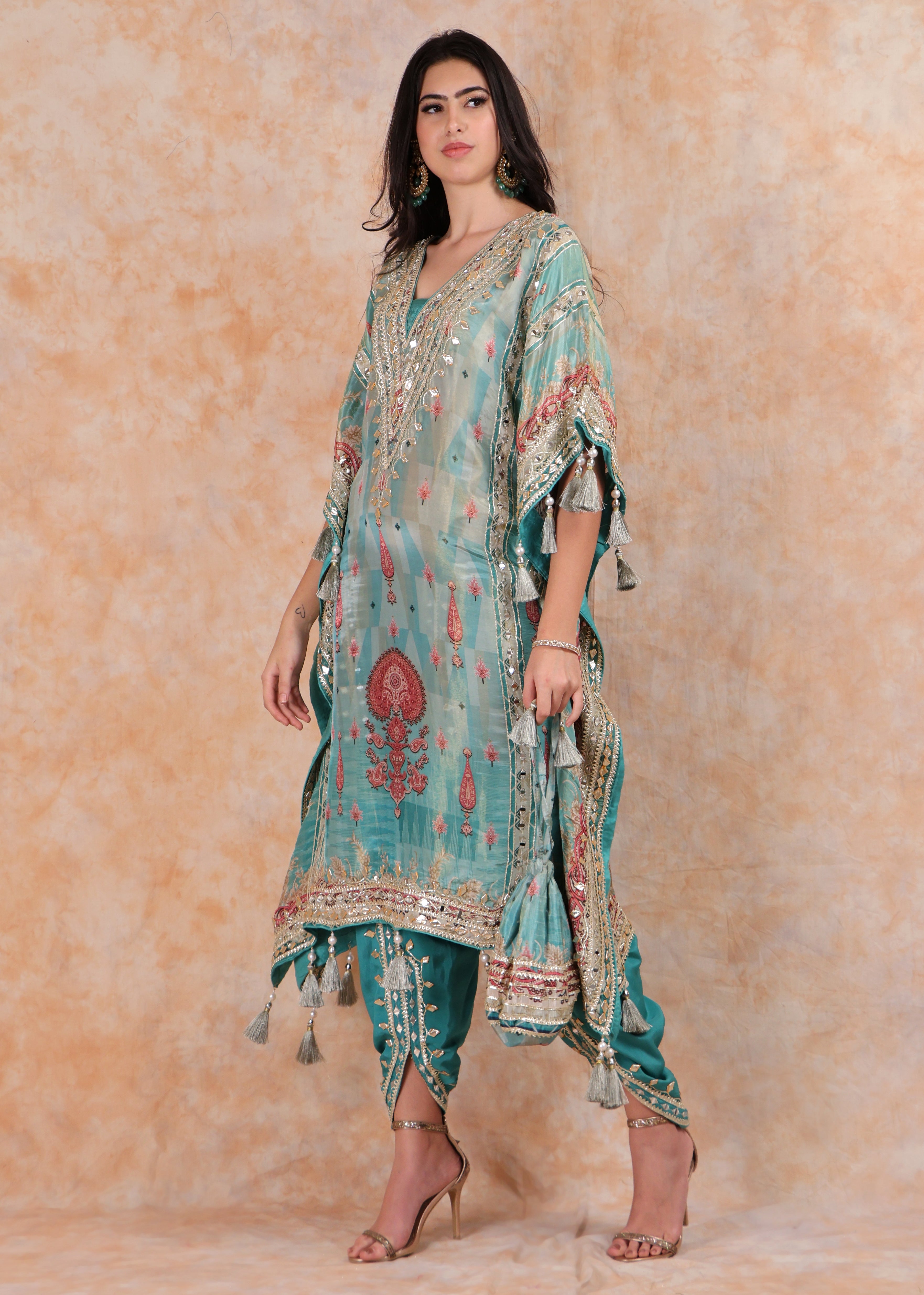 PRINTED EMBROIDERY KAFTAN WITH SALWAR AND POUCH-BAG
