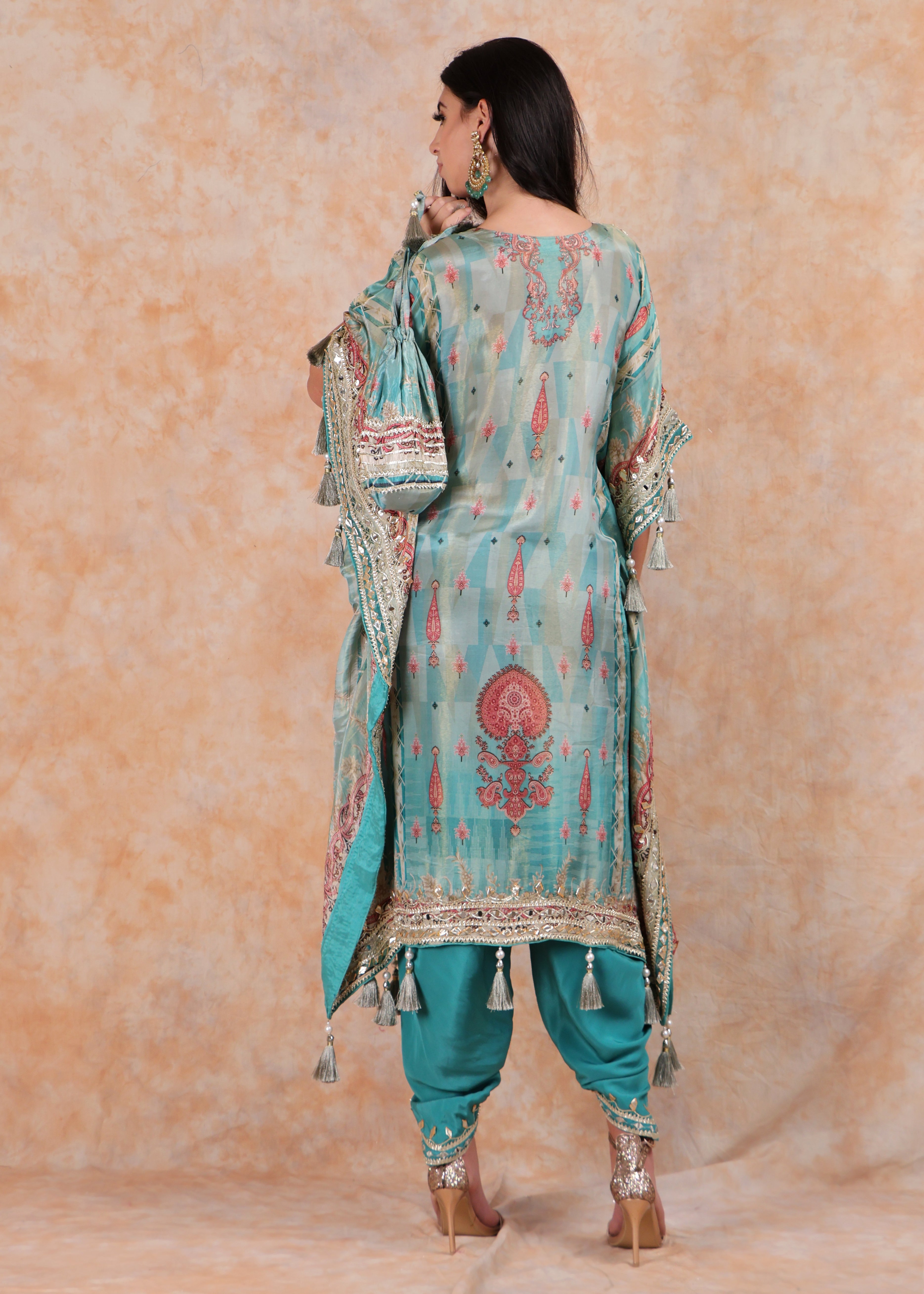 PRINTED EMBROIDERY KAFTAN WITH SALWAR AND POUCH-BAG