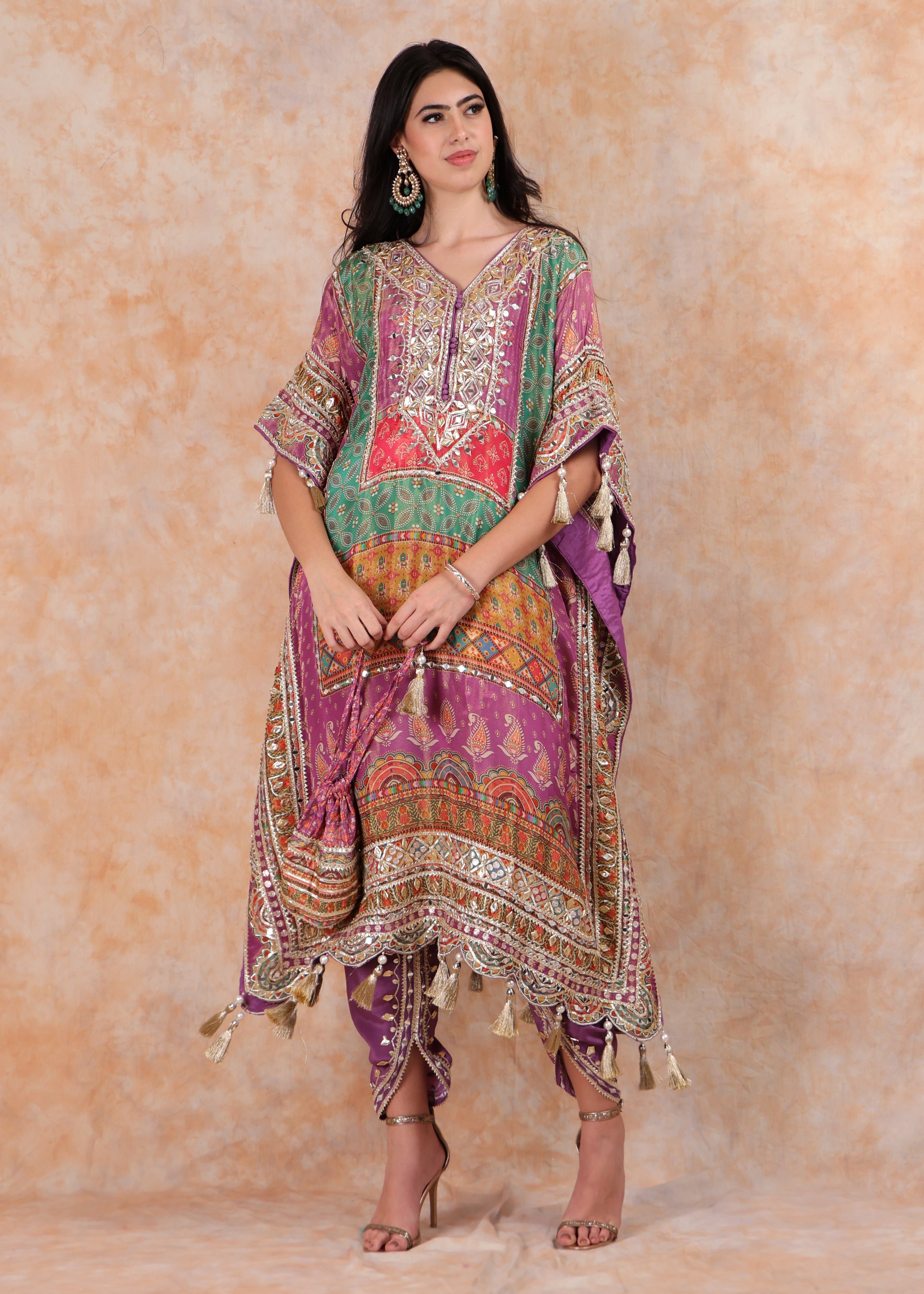PURPLE PRINTED EMBROIDERY KAFTAN WITH SALWAR AND POUCH-BAG