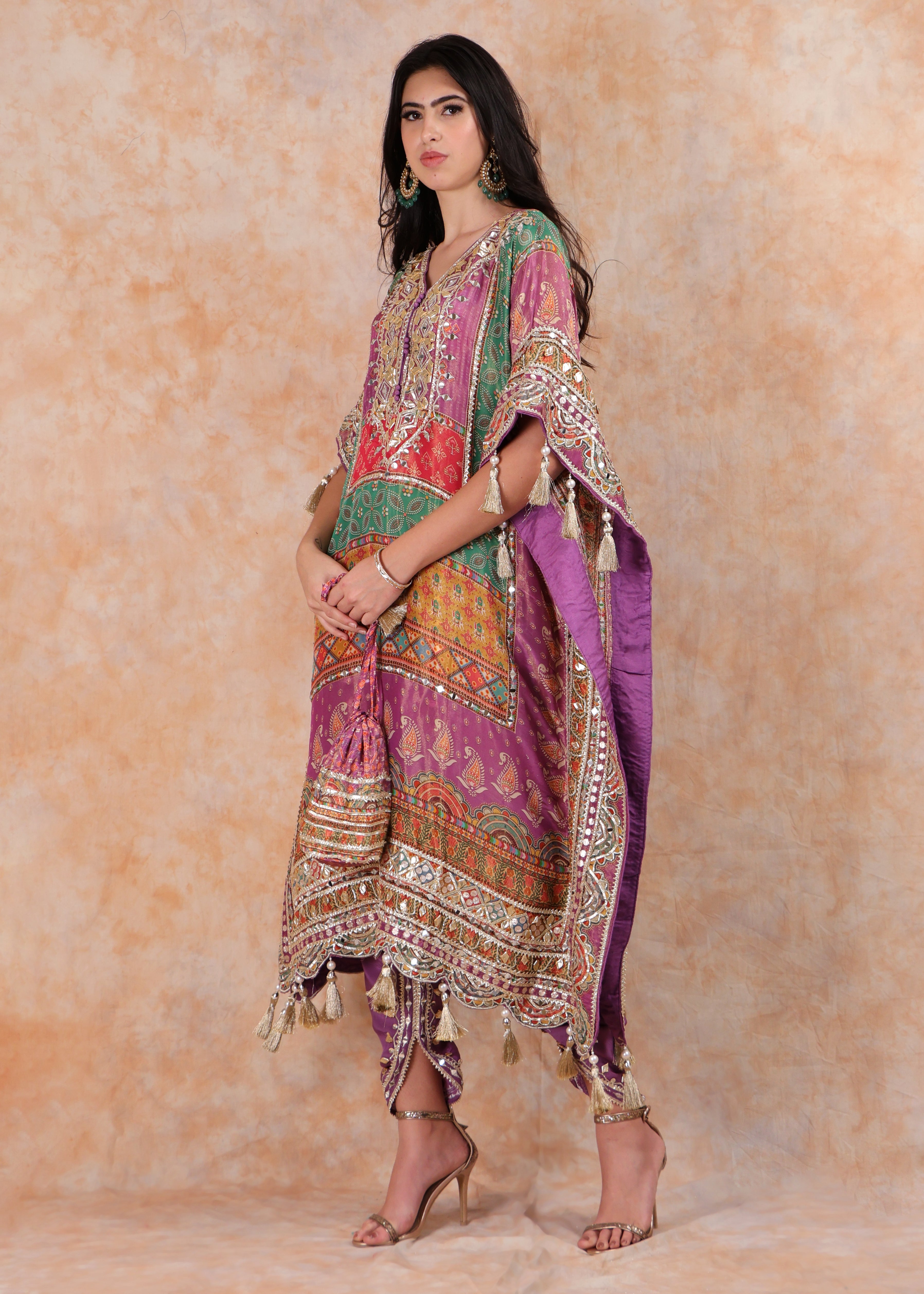 PURPLE PRINTED EMBROIDERY KAFTAN WITH SALWAR AND POUCH-BAG