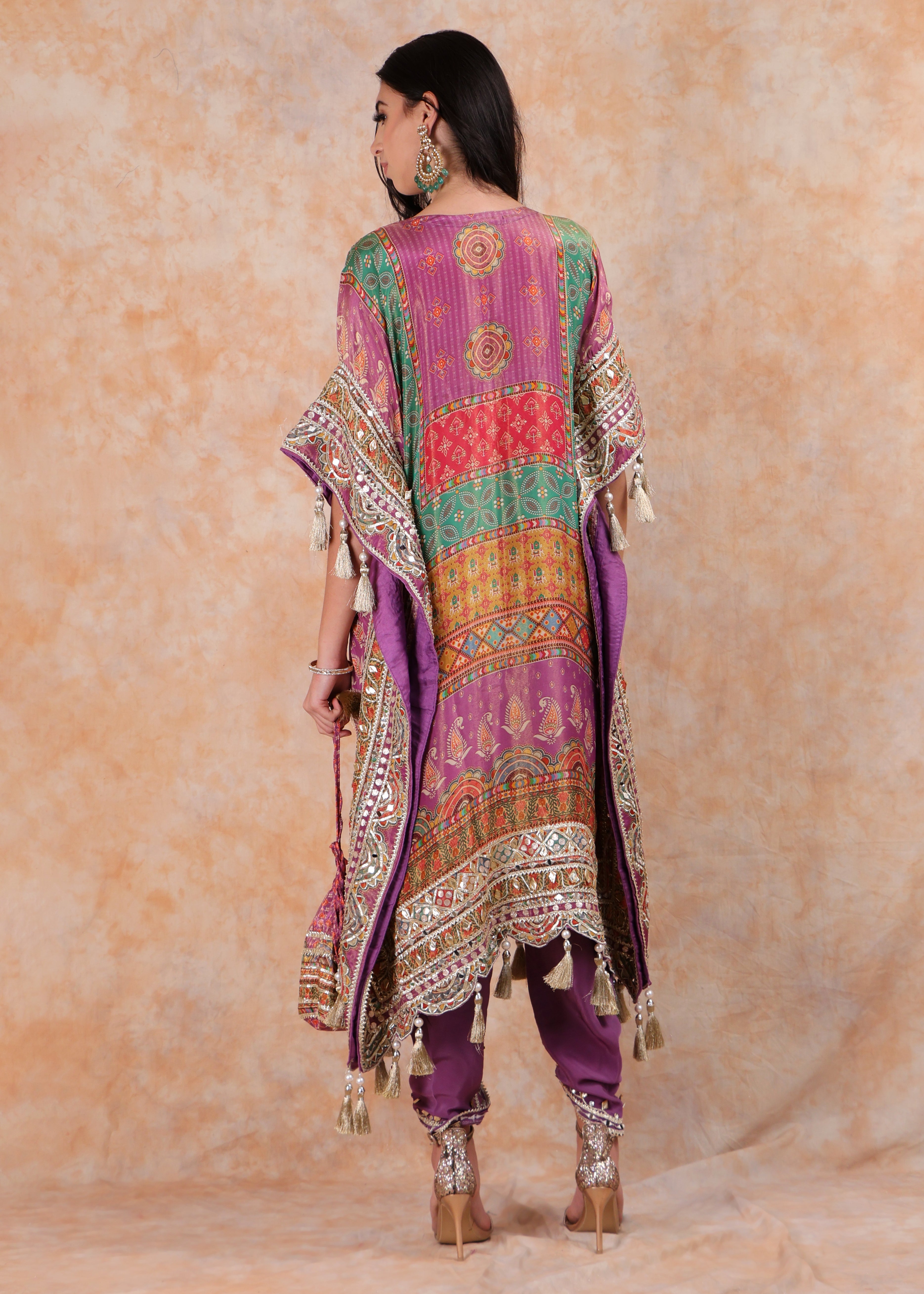 PURPLE PRINTED EMBROIDERY KAFTAN WITH SALWAR AND POUCH-BAG