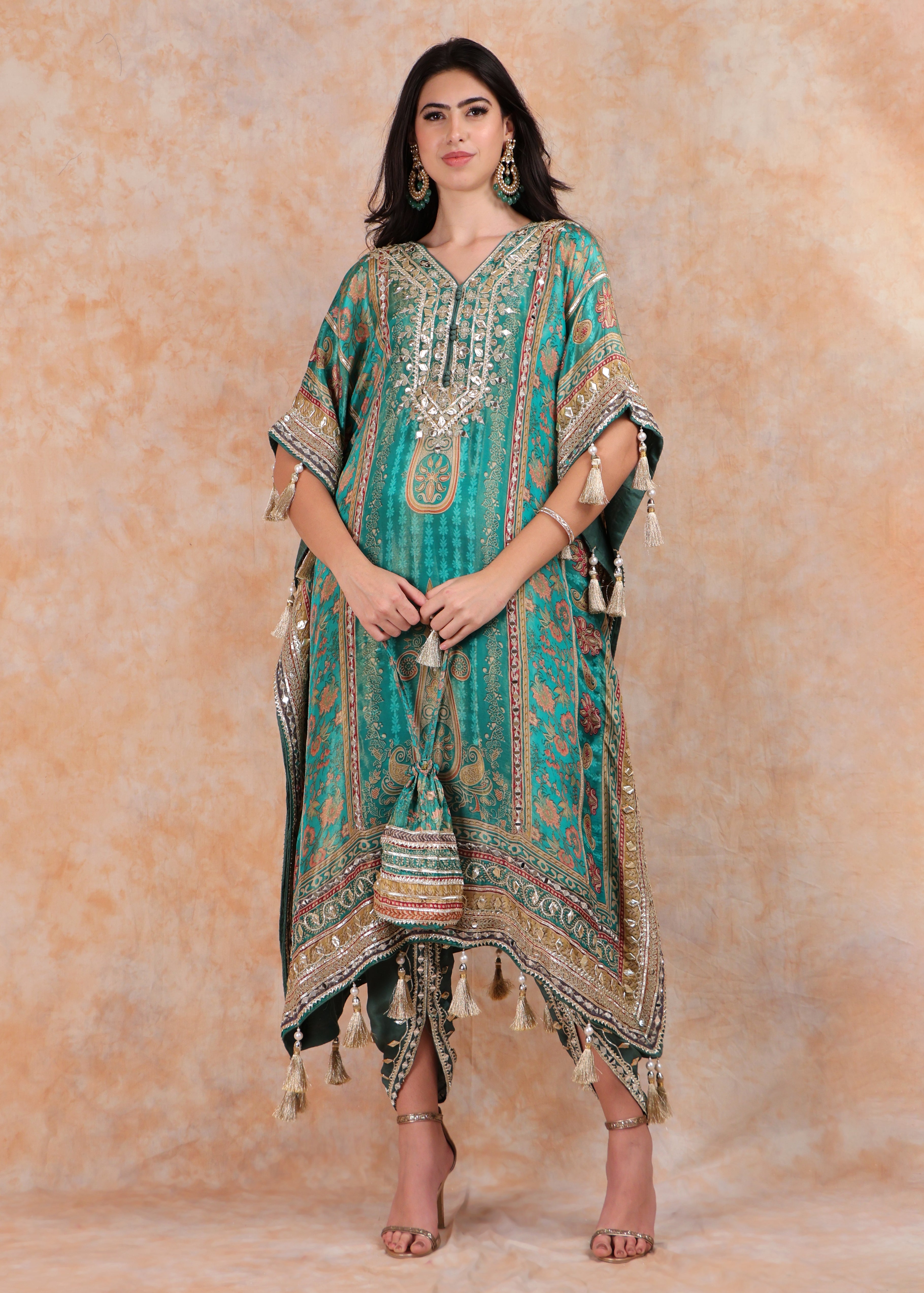 GREEN PRINTED EMBROIDERY KAFTAN WITH SALWAR AND POUCH-BAG