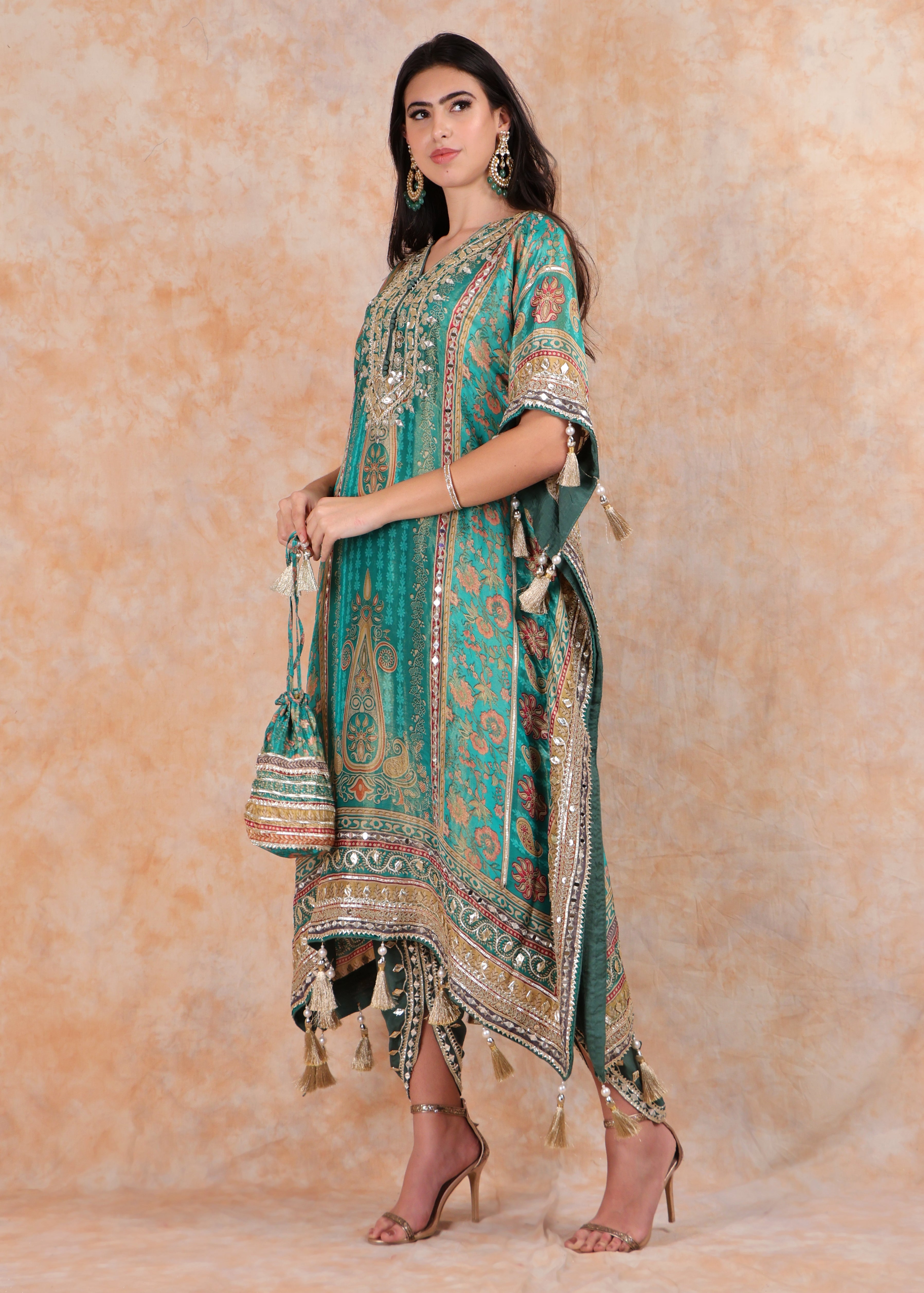 GREEN PRINTED EMBROIDERY KAFTAN WITH SALWAR AND POUCH-BAG