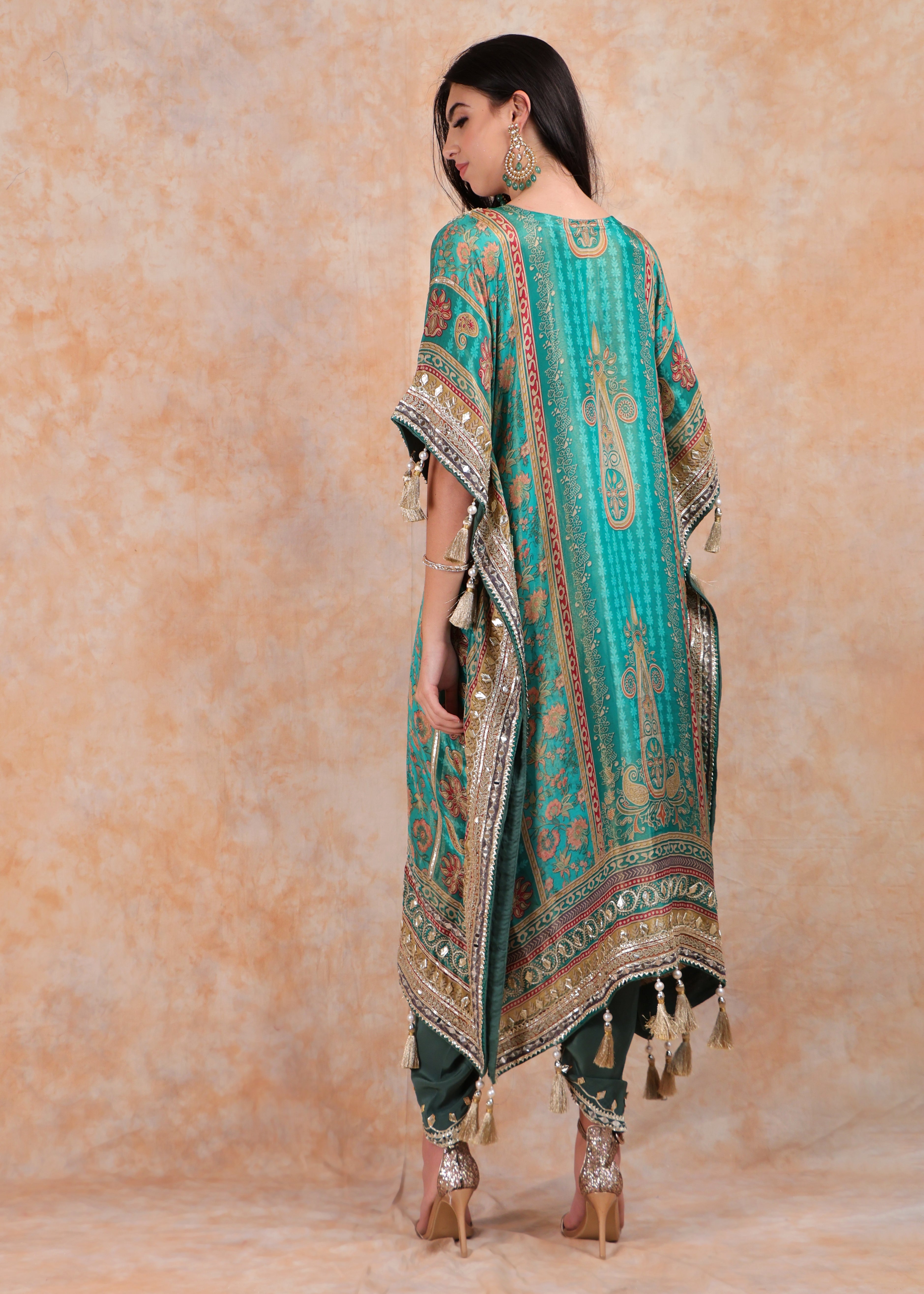 GREEN PRINTED EMBROIDERY KAFTAN WITH SALWAR AND POUCH-BAG