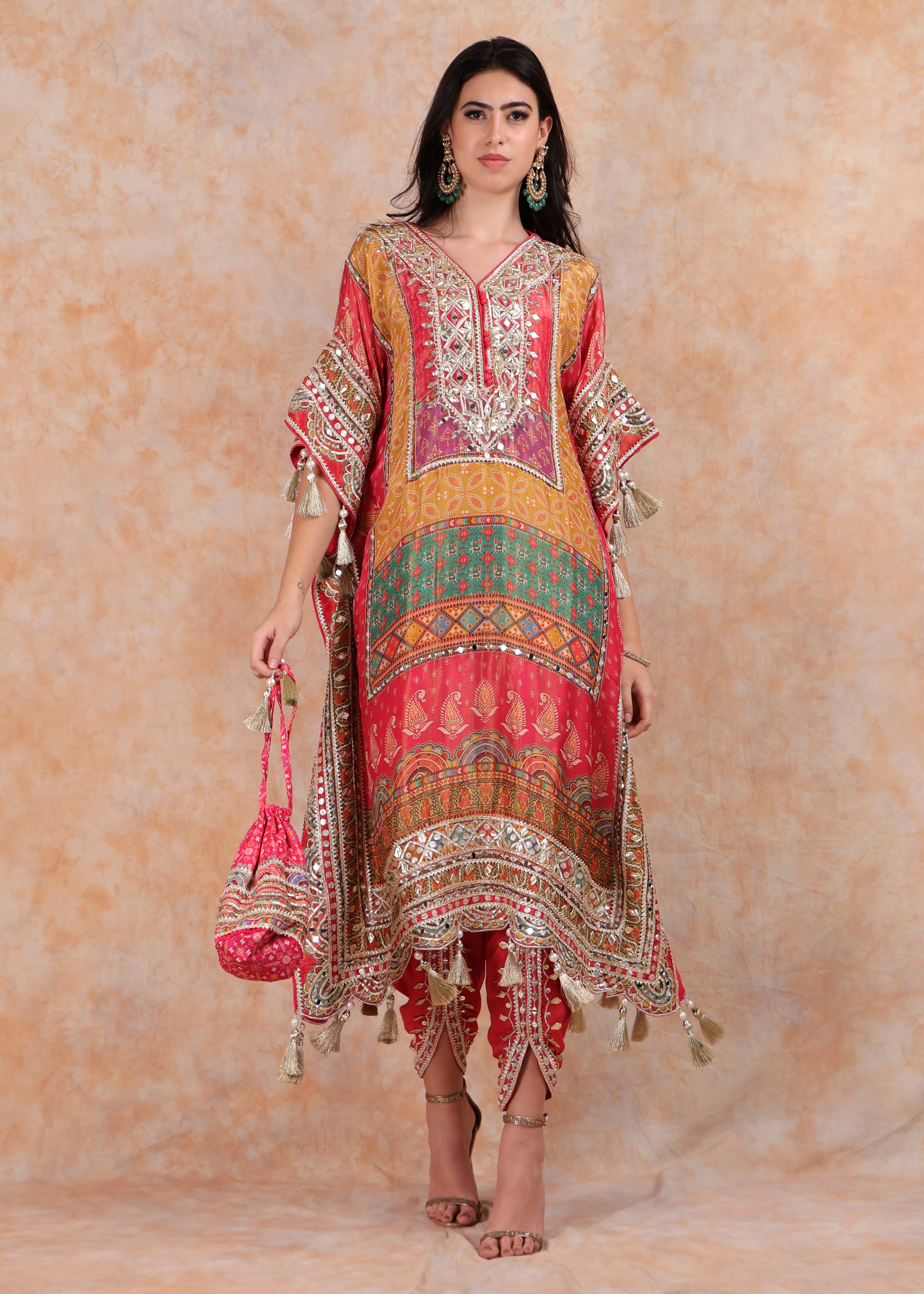 PINK PRINTED EMBROIDERY KAFTAN WITH SALWAR AND POUCH-BAG
