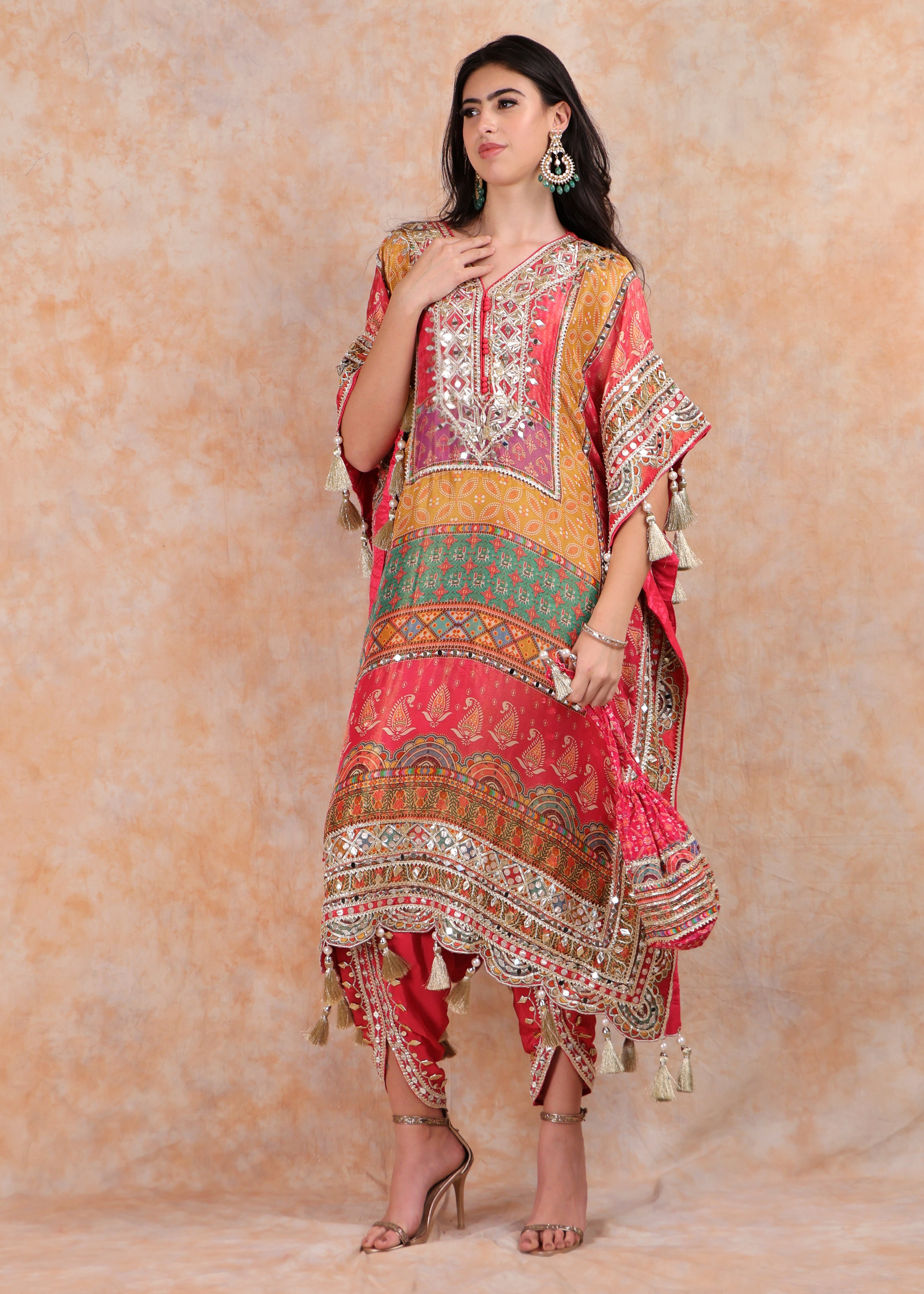 PINK PRINTED EMBROIDERY KAFTAN WITH SALWAR AND POUCH-BAG