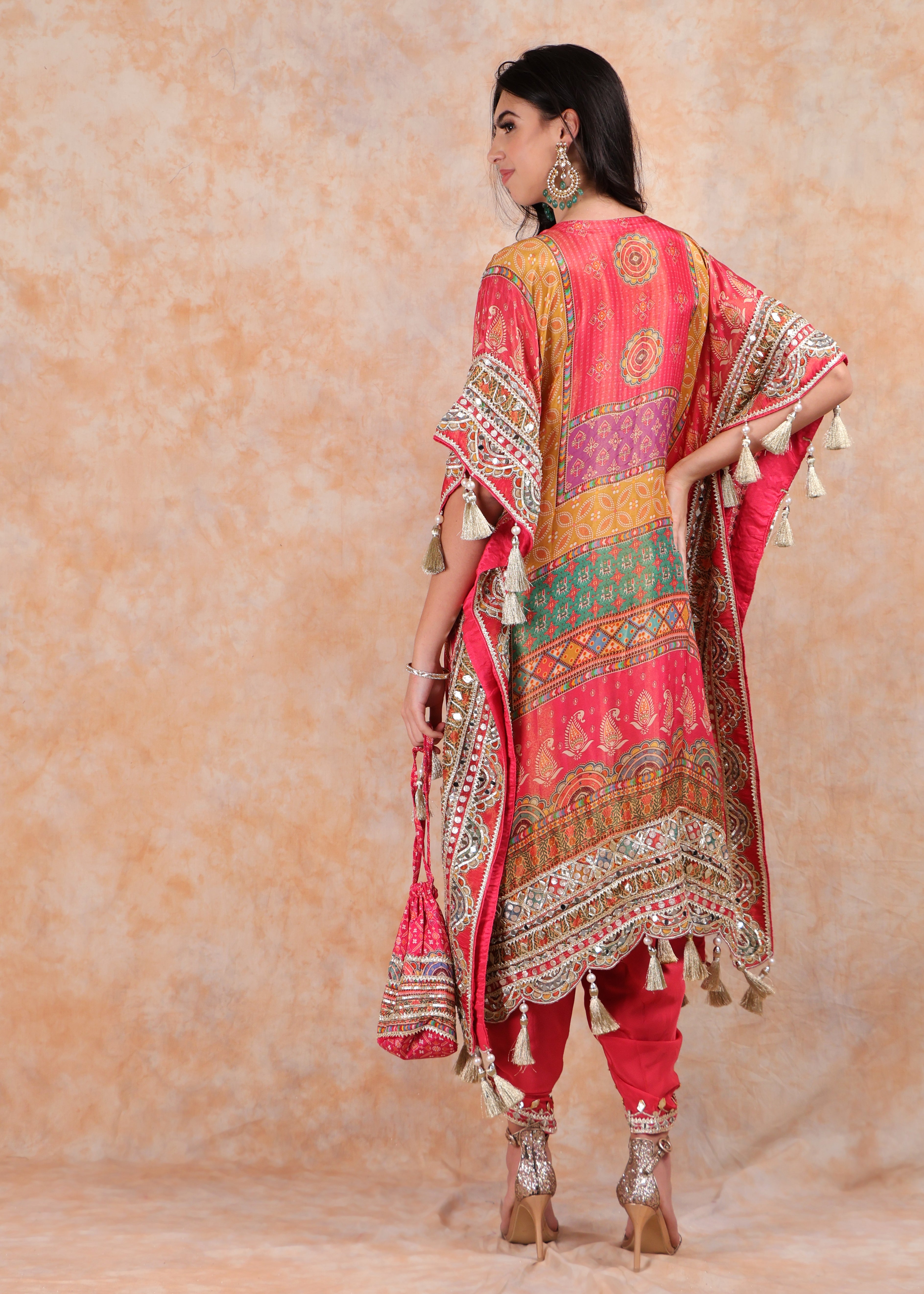 PINK PRINTED EMBROIDERY KAFTAN WITH SALWAR AND POUCH-BAG