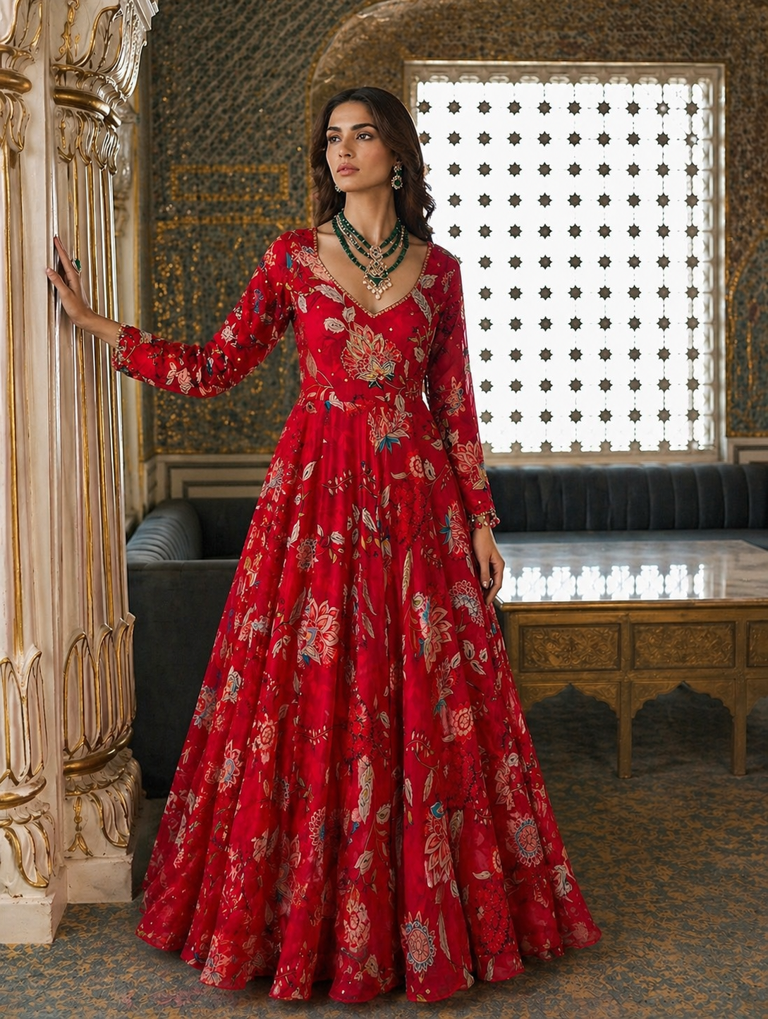 Red Floral Printed Full Sleeves Embellished Anarkali Set paired with Dupatta