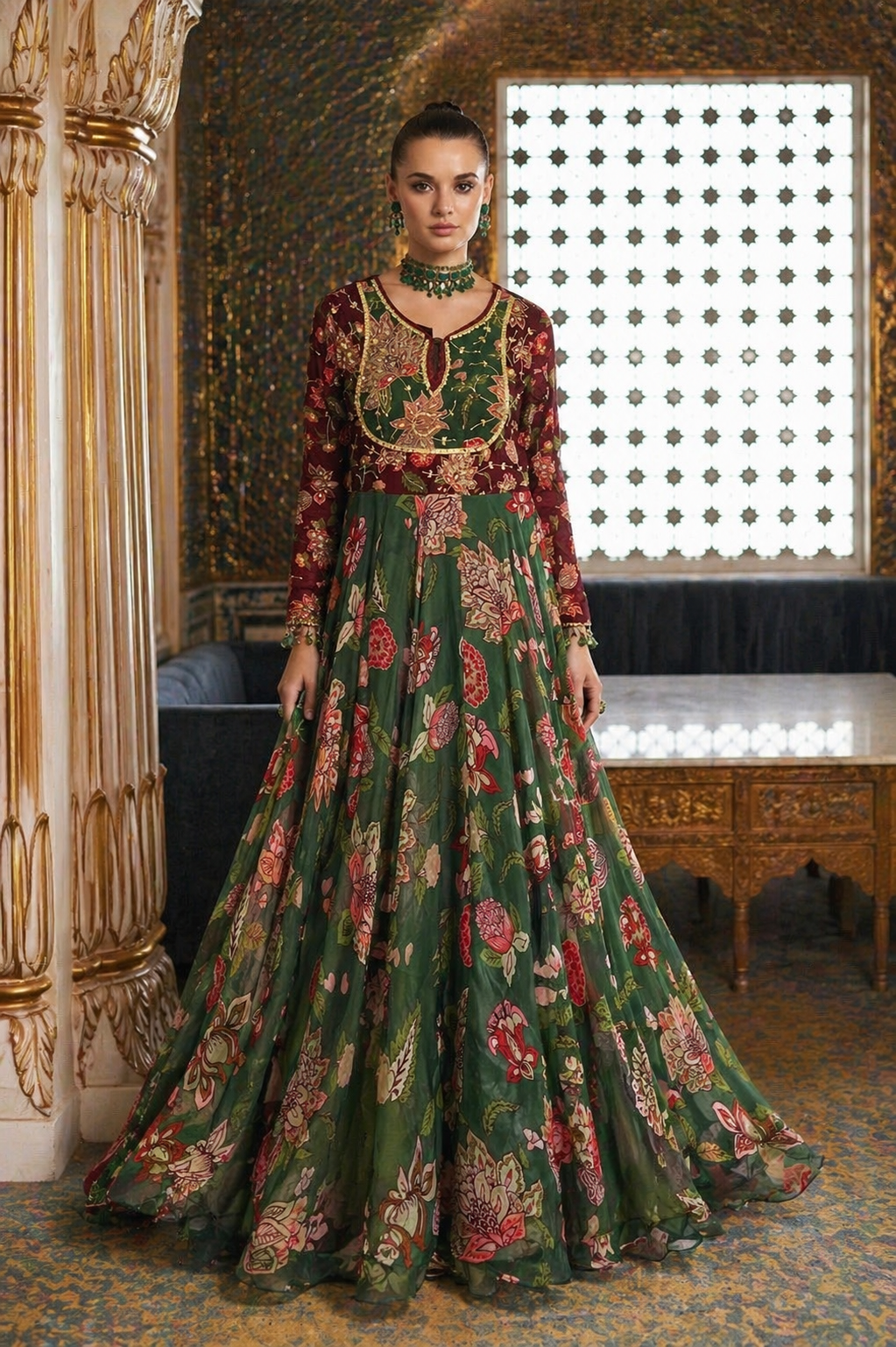 Green Floral Printed Full Sleeves Embellished Anarkali Set paired with Dupatta