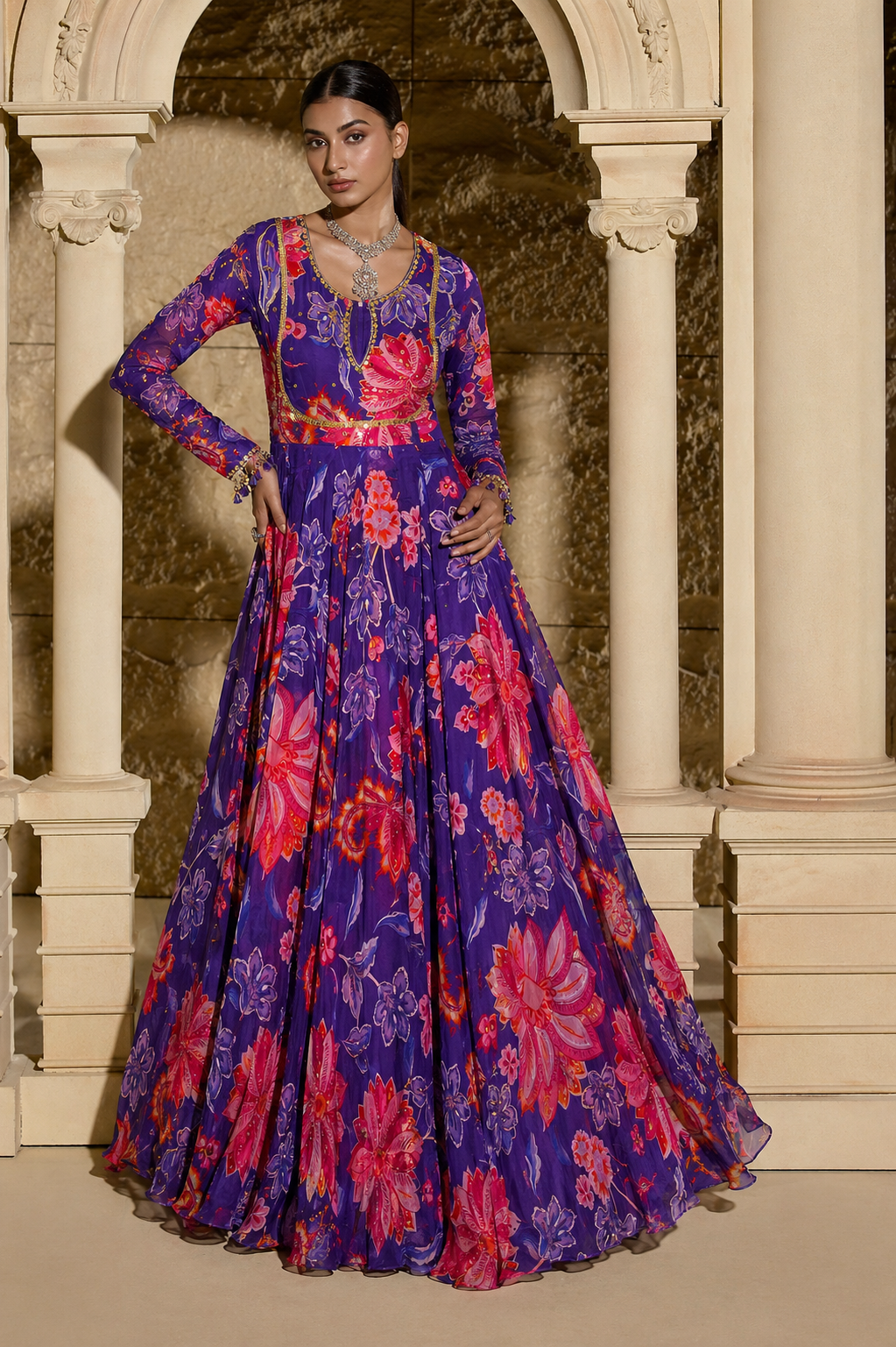 Purple Floral Printed Full Sleeves Embellished Anarkali Set paired with Dupatta