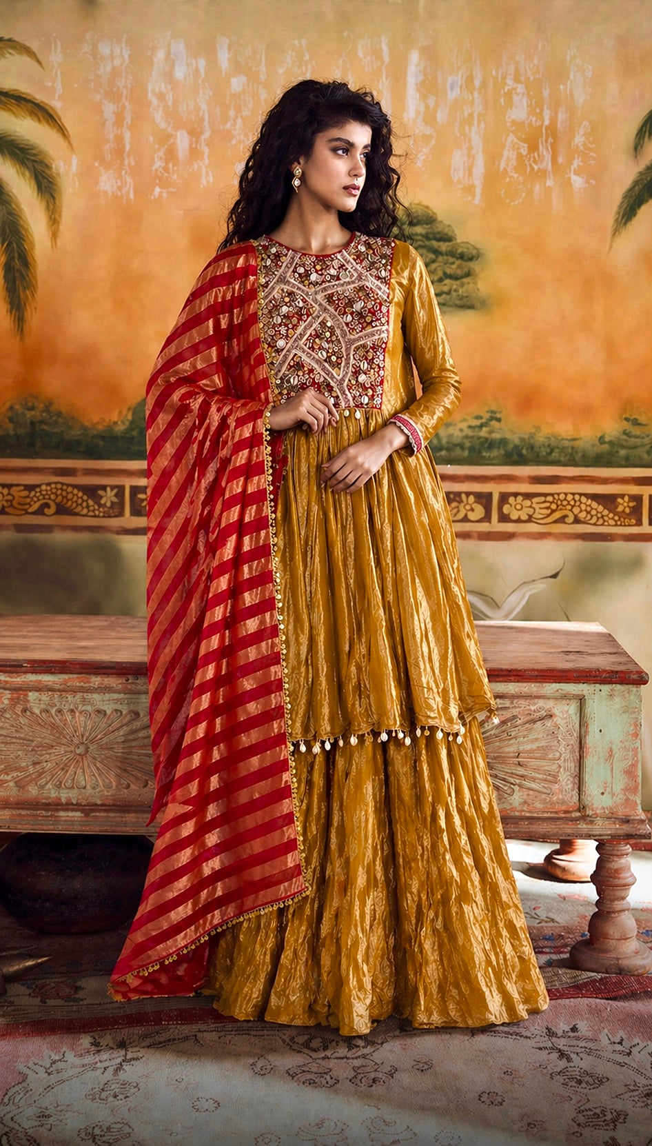 Embroidered Crushed tissue sharara suit paired with Red & gold tissue dupatta
