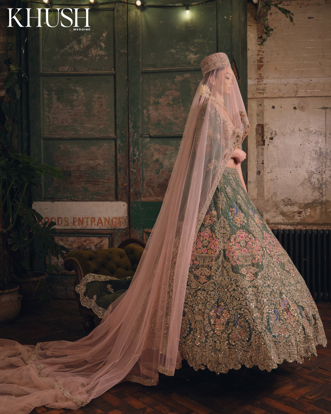 Flora sage green and Pink lengha set with veil