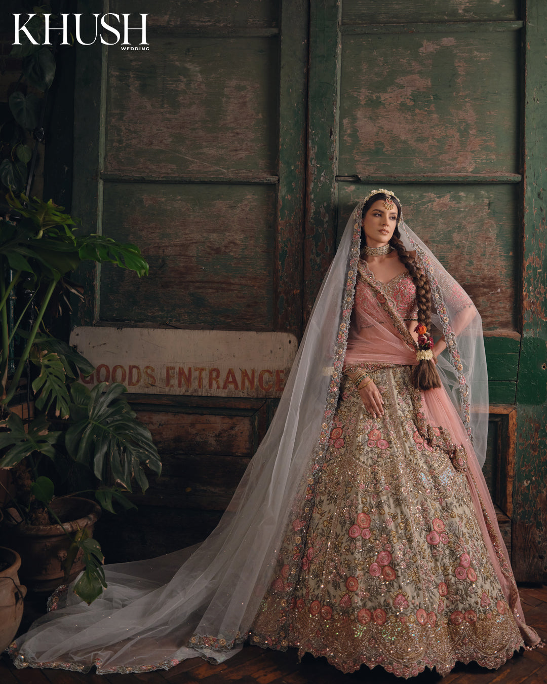 Flora sage green and Pink lengha set with veil