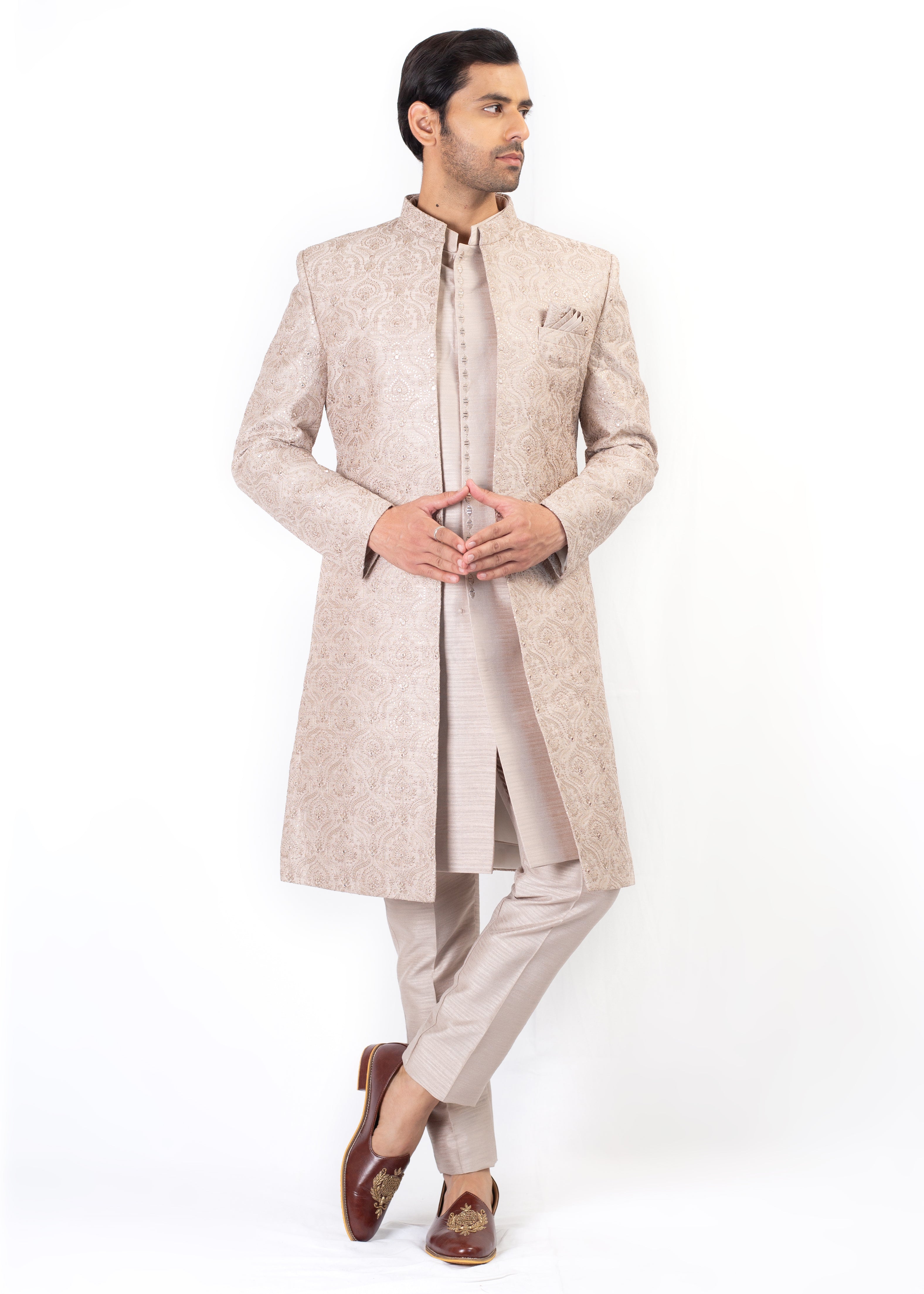 LIGHT GOLD EMBROIDERY SHERWANI & KURTA  TROUSER WITH TURBAN & PALLA